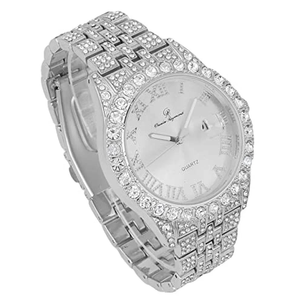 Mens Silver Hip Silver Raymond Dials- Timepiece - Numerals ST0226RND Big Designer Fully Out Watch Rocks Cuban Iced Blinged and Read w/Easy Charles Hop Out Date w/Roman Colorful
