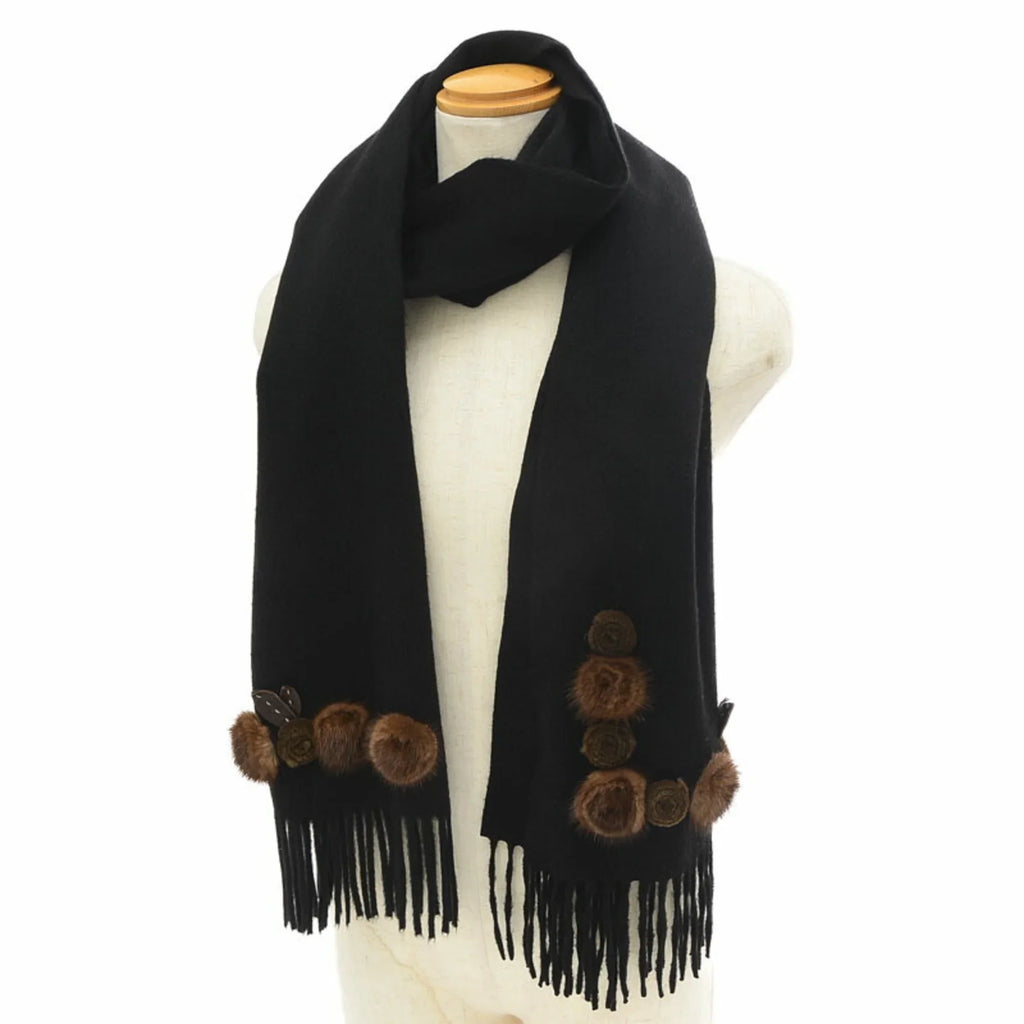 Fendi Black Cashmere 100% Stole Flower Motif Scarf Pre-Owned (Good)