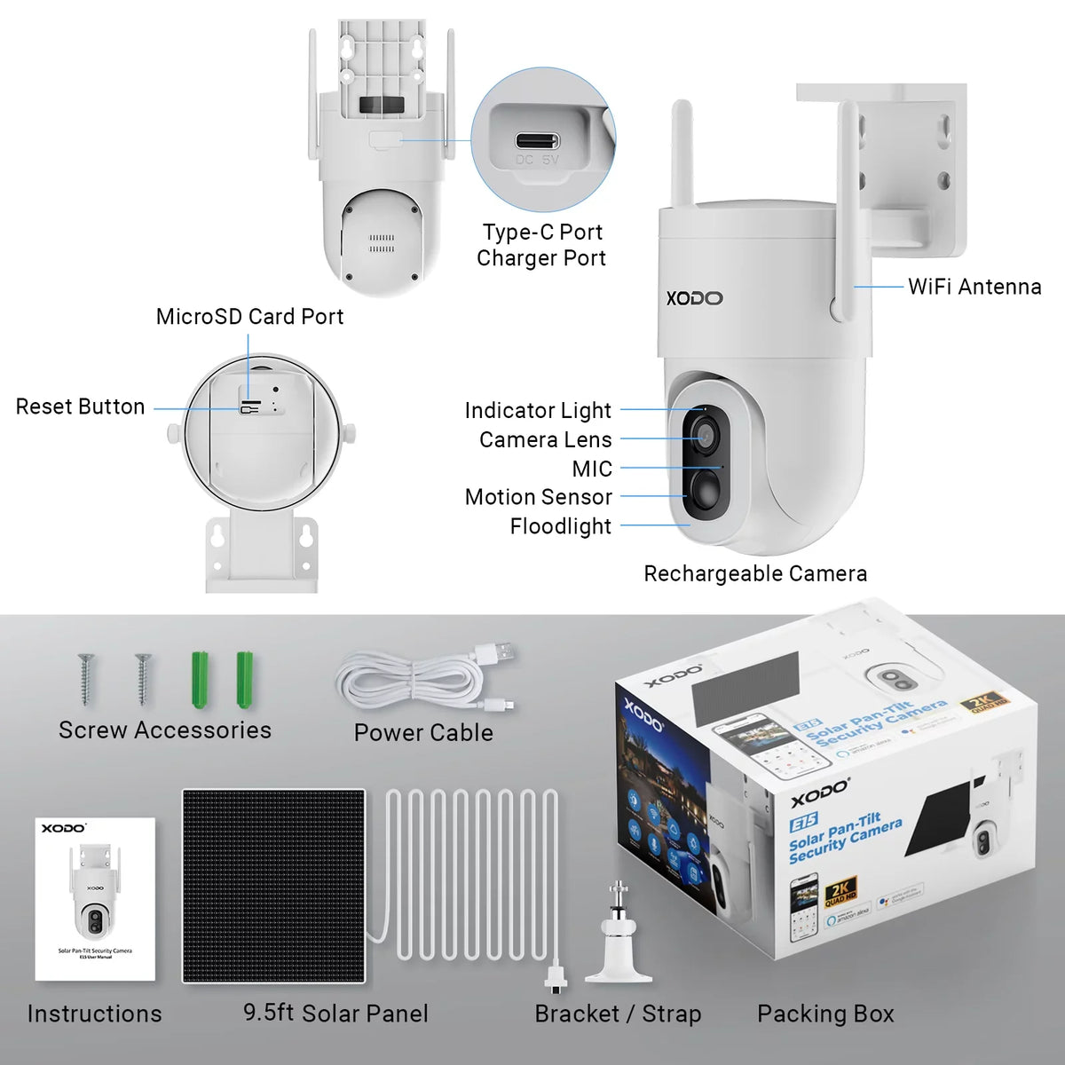 Remote with Security for E15 Pan-Tilt Siren, 2K Vision, 2-Way 3MP App Solar Cloud/SD Home Motion Detection, Camera Color Floodlight – View System, Night exterior Wireless Audio, 360° Cam XODO
