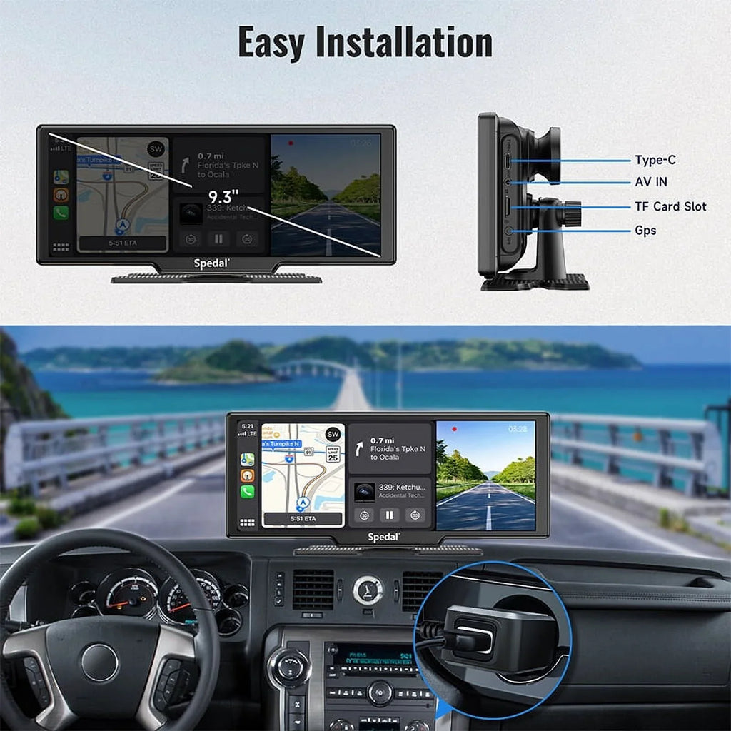 Car Bluetooth Dash Front 1080p Camera 4K and Stereo Screen 9.3" Stereo CarPlay CarPlay CL860 Spedal Cam Unit GPS Car Wireless Receivers with Rear Navigation Rear- Portable Head Auto ＆Android