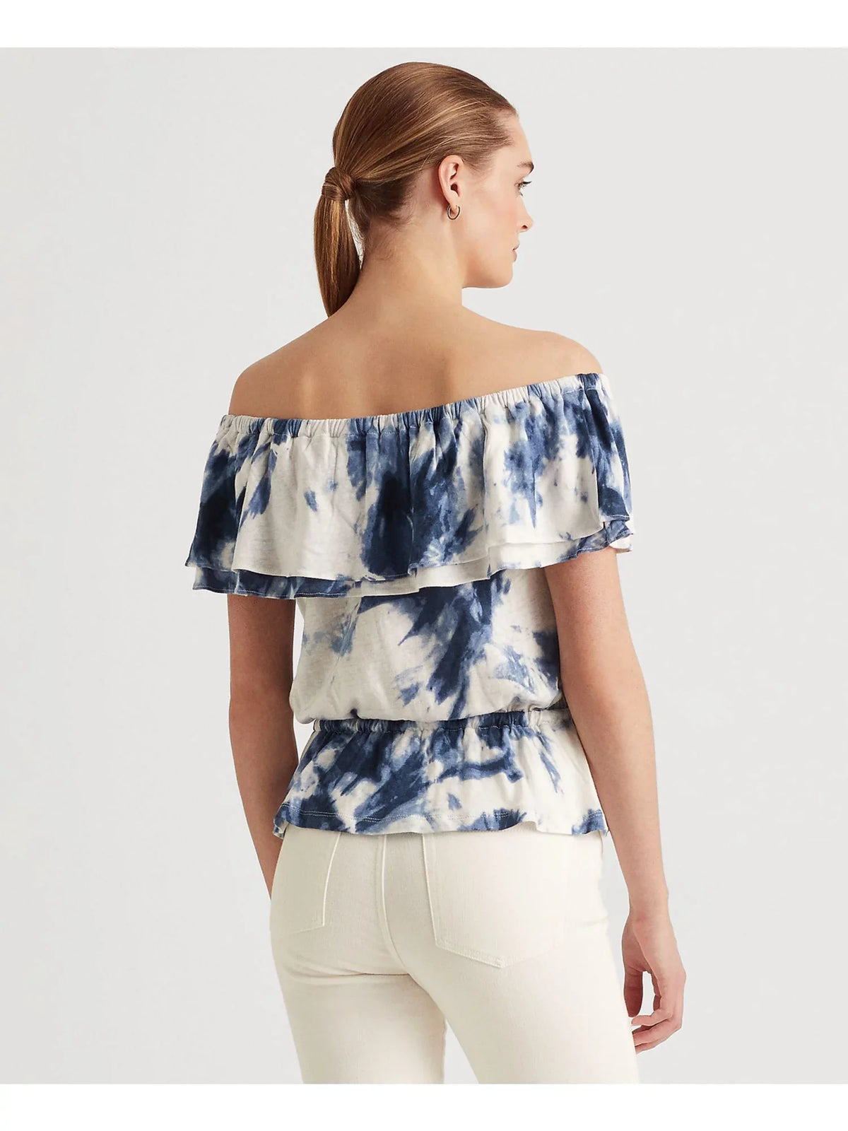 Ruffled Short Tie Drawcord Sleeve LAUREN LAUREN RALPH Womens Peplum Dye Shoulder Waist White Top Off Elasticized S