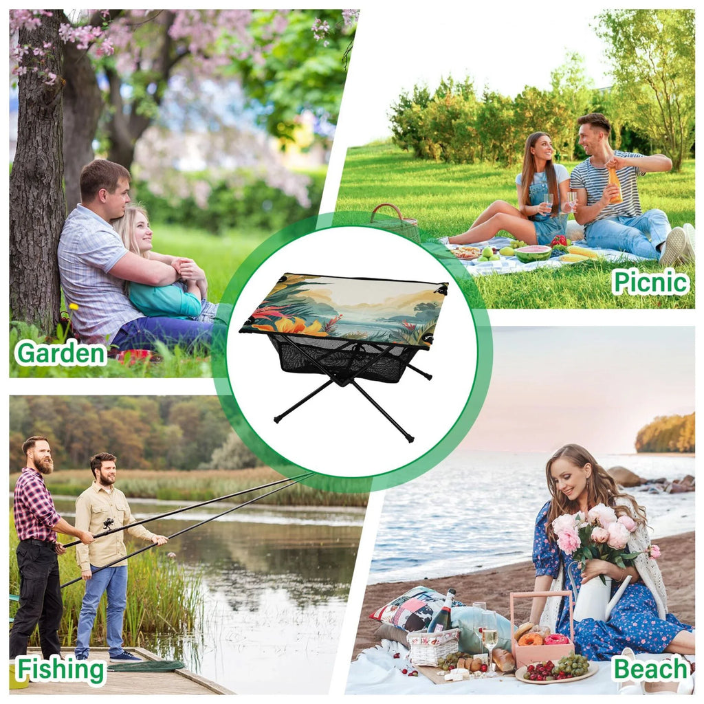 Compact Fishing Portable Table Beach Folding exterior Storage Bag Camping Picnic Travel Leaves with Palm for Table Table BBQ Landscape