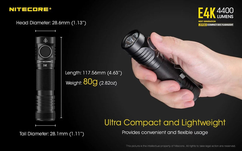 Charger - Rechargeable Fast 3Amp Next generation 21700 Li-ion E4K -4400 w/Eco-Sensa Compact Flashlight NITECORE 1x Wall Lumens USB NITECORE 21700 EDC Battery Included
