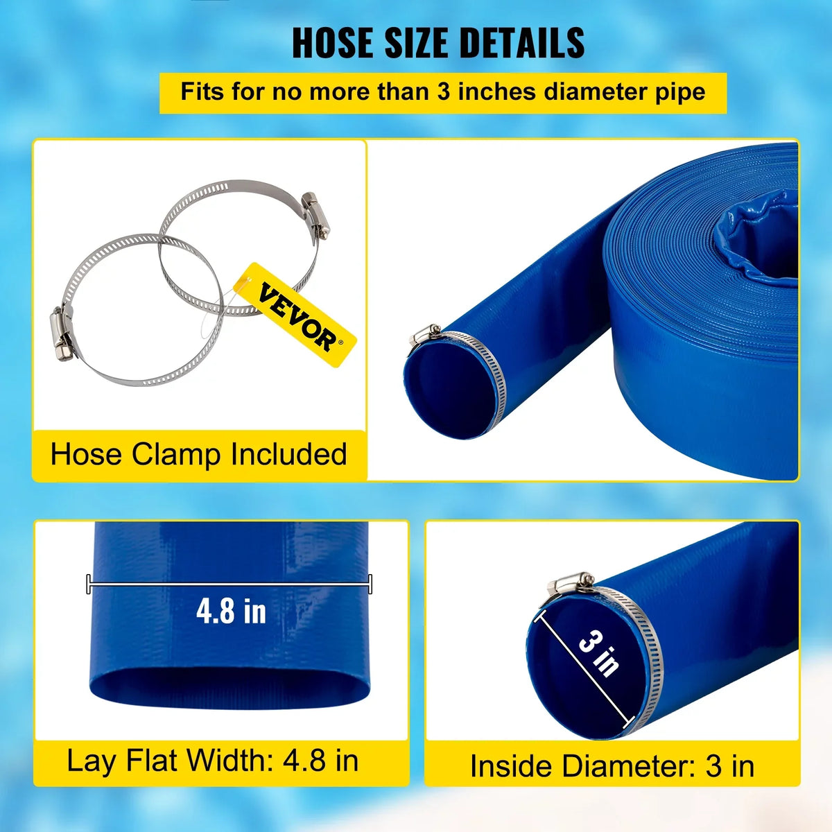 105', Backwash with Burst-proof, VEVOR 3" Hose, for x PVC Flat Swimming Ideal & Duty liquid Transfer, Hose, Blue Lay Clamps, Heavy climate-proof Fabric Hose Discharge & Drain Pool