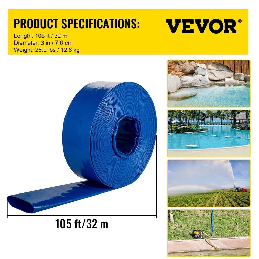 105', Backwash with Burst-proof, VEVOR 3" Hose, for x PVC Flat Swimming Ideal & Duty liquid Transfer, Hose, Blue Lay Clamps, Heavy climate-proof Fabric Hose Discharge & Drain Pool