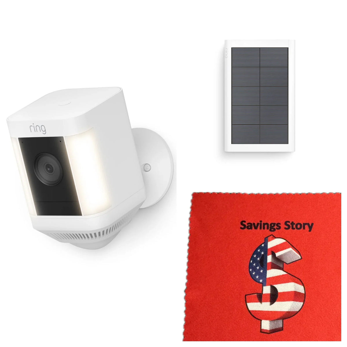 HD, Wifi, & Cleaning Solar Cloth, Story Panel Bundle Vision, with Camera Ring_Video Spotlight Security Plus Night Savings Battery