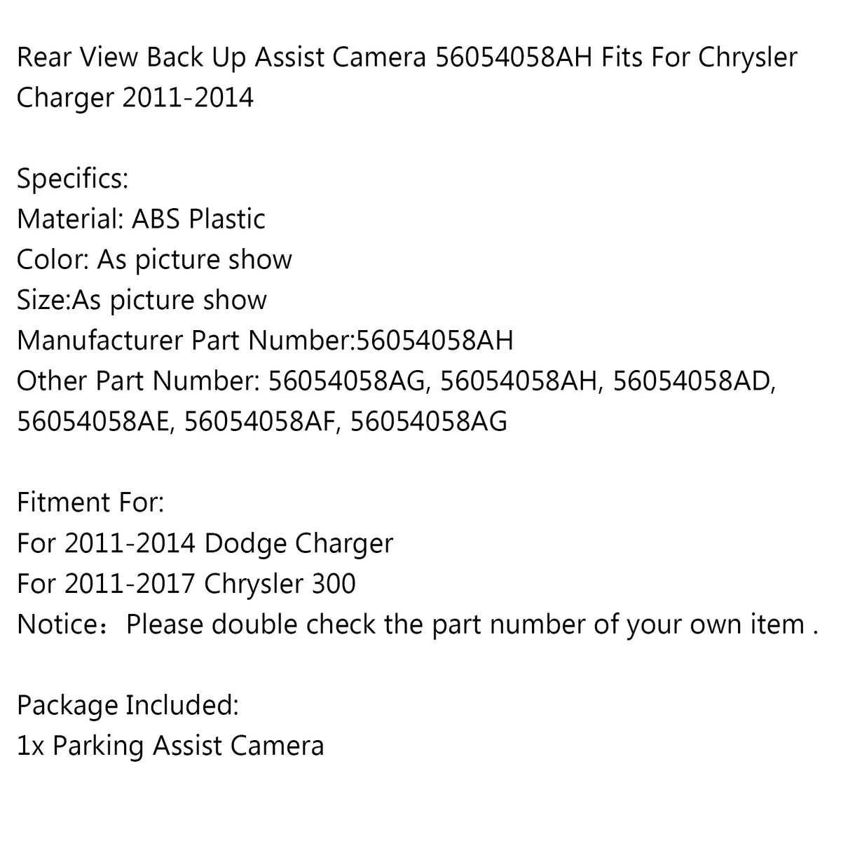 Genic Back For Rear View Charger Fits 56054058AH Motor Assist Camera 2011-2014 Chrysler Up