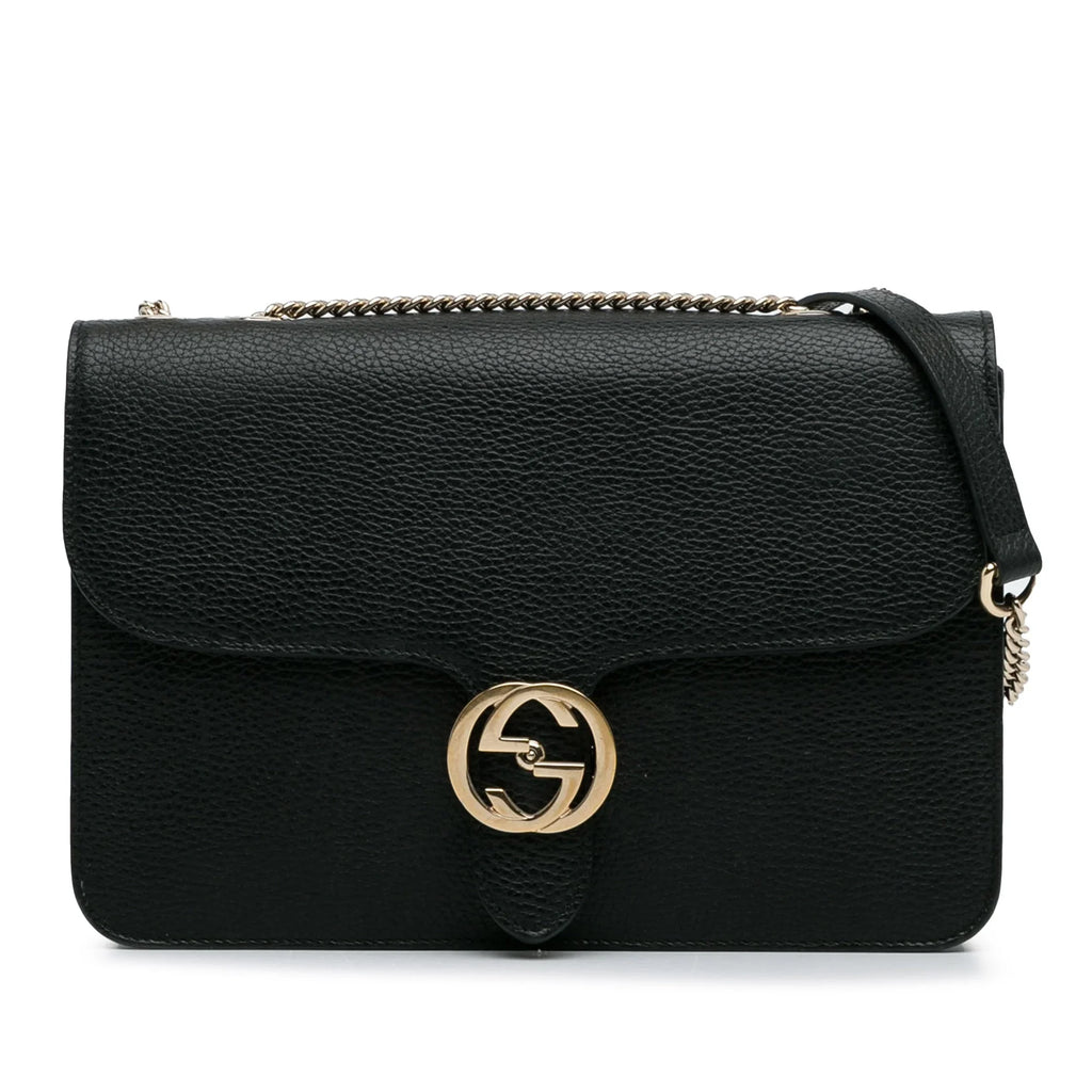 Unisex Authenticated Crossbody Bag Medium Dollar Leather Black Calf G Pre-Owned Interlocking (Good)