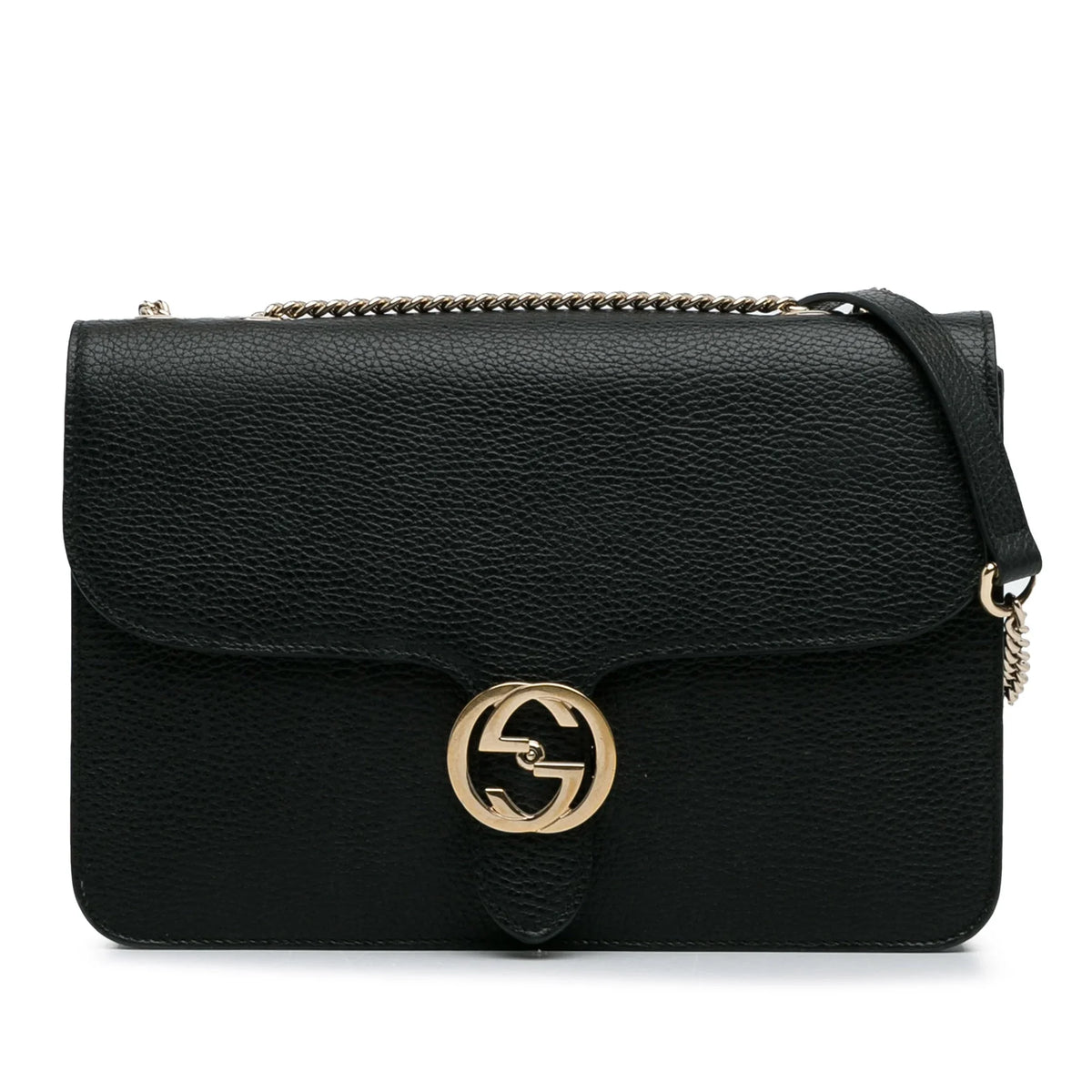 Unisex Authenticated Crossbody Bag Medium Dollar Leather Black Calf G Pre-Owned Interlocking (Good)