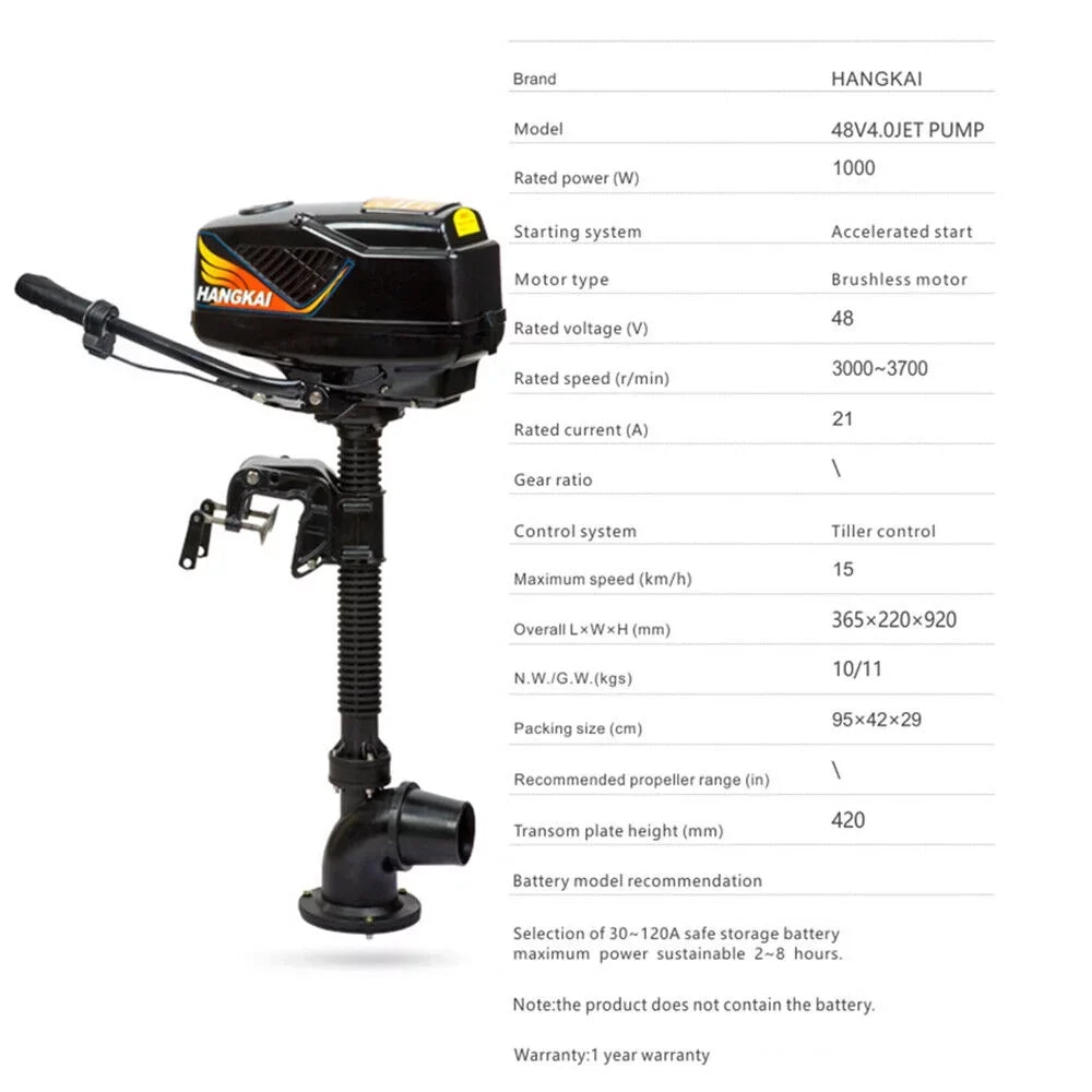 Trolling 4.0HP Jet Boat Outboard Motor 1000W Pump Engine Brushless Fishing