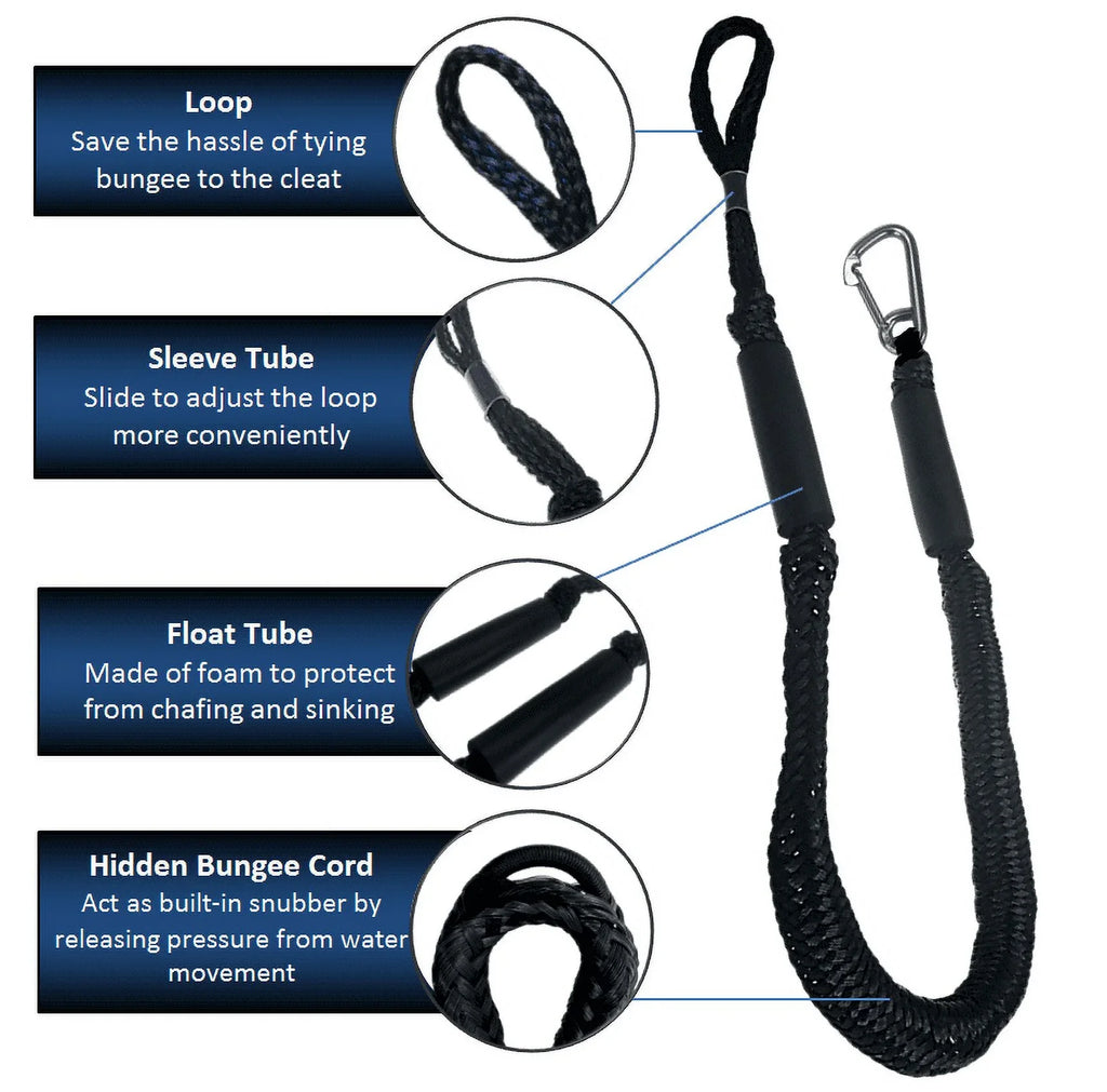 4'-5.5' Ski with Jet Pack liquid Bungee Mooring Pactrade Line PWC & (Black Kayak Fresh White) Hook Pontoon Marine Snap Use SS316 2 Salt Dock Boat and Rope