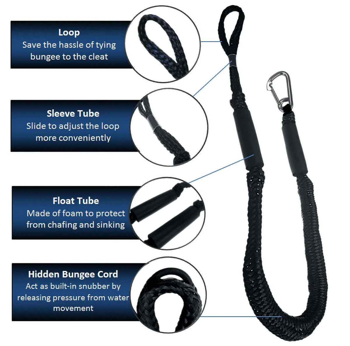 4'-5.5' Ski with Jet Pack liquid Bungee Mooring Pactrade Line PWC & (Black Kayak Fresh White) Hook Pontoon Marine Snap Use SS316 2 Salt Dock Boat and Rope