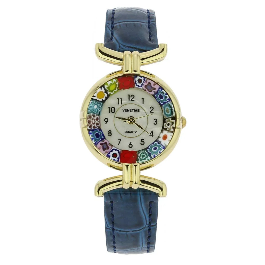 Multicolor Band - Leather Watch Glass Blue with Millefiori GlassOfVenice Murano