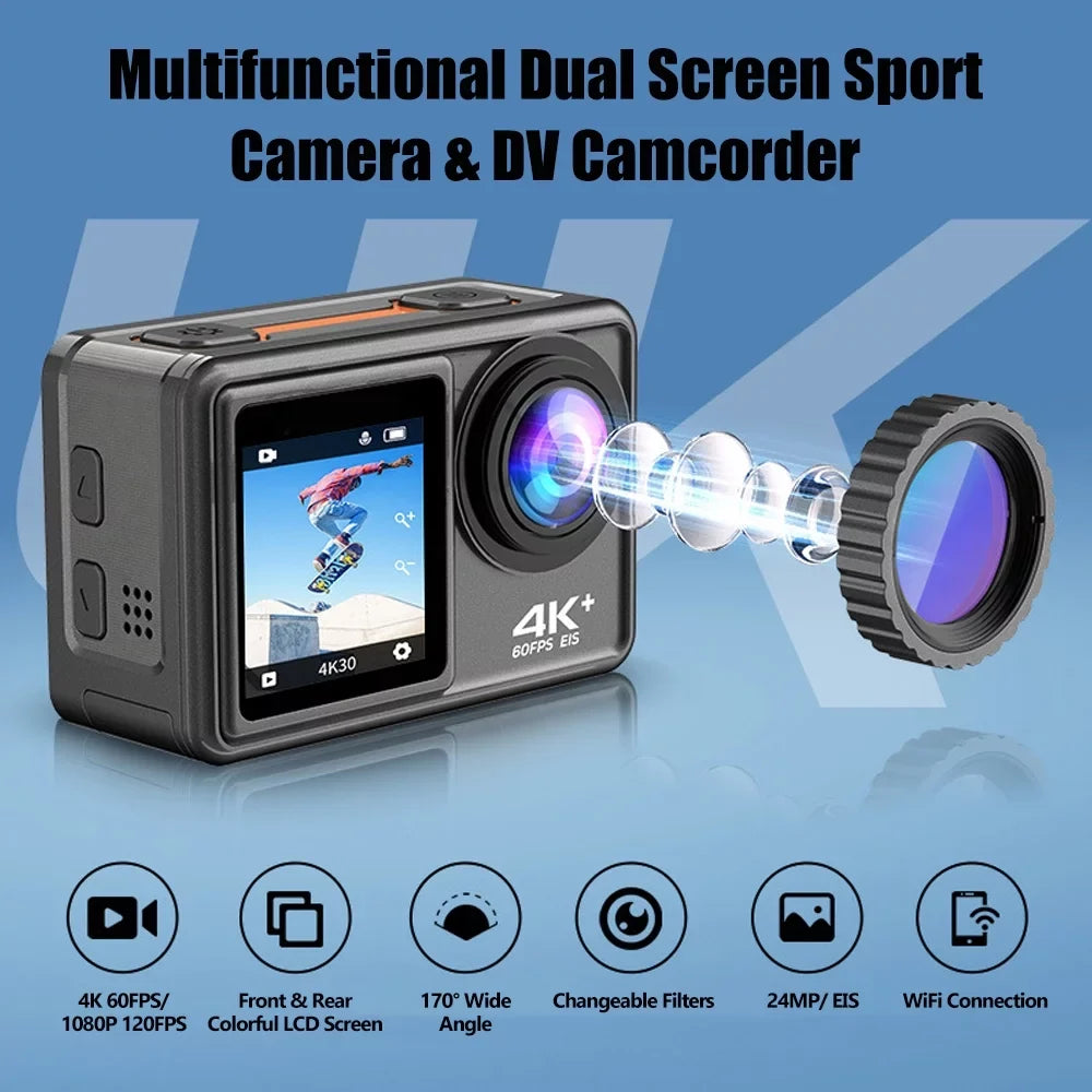 Purple Sport Waterproof WiFi 2.0 with 4K 8 ND4 170° Camcorder Screen for Inch DV Screen CPL Camera Wide Macro 40m 24MP EIS Lens Angle Dual Sports exterior 16