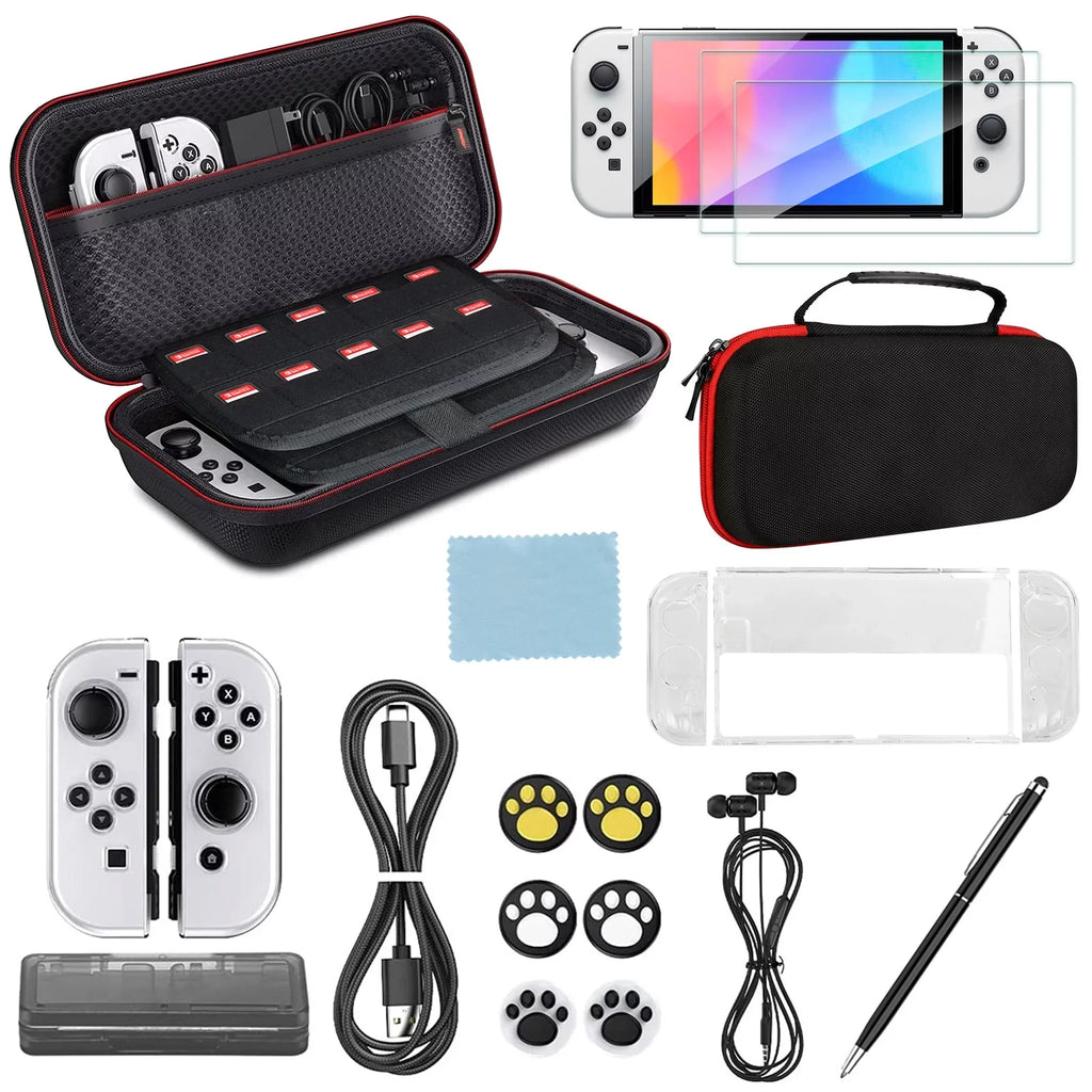 Black Switch Carrying Grips, More, with for and Nintendo Screen Accessories Accessories 16-in-1 Protector, Kit Glass OLED, Case, EEEkit Cover Fit Thumb Protective Case, Bundle Tempered