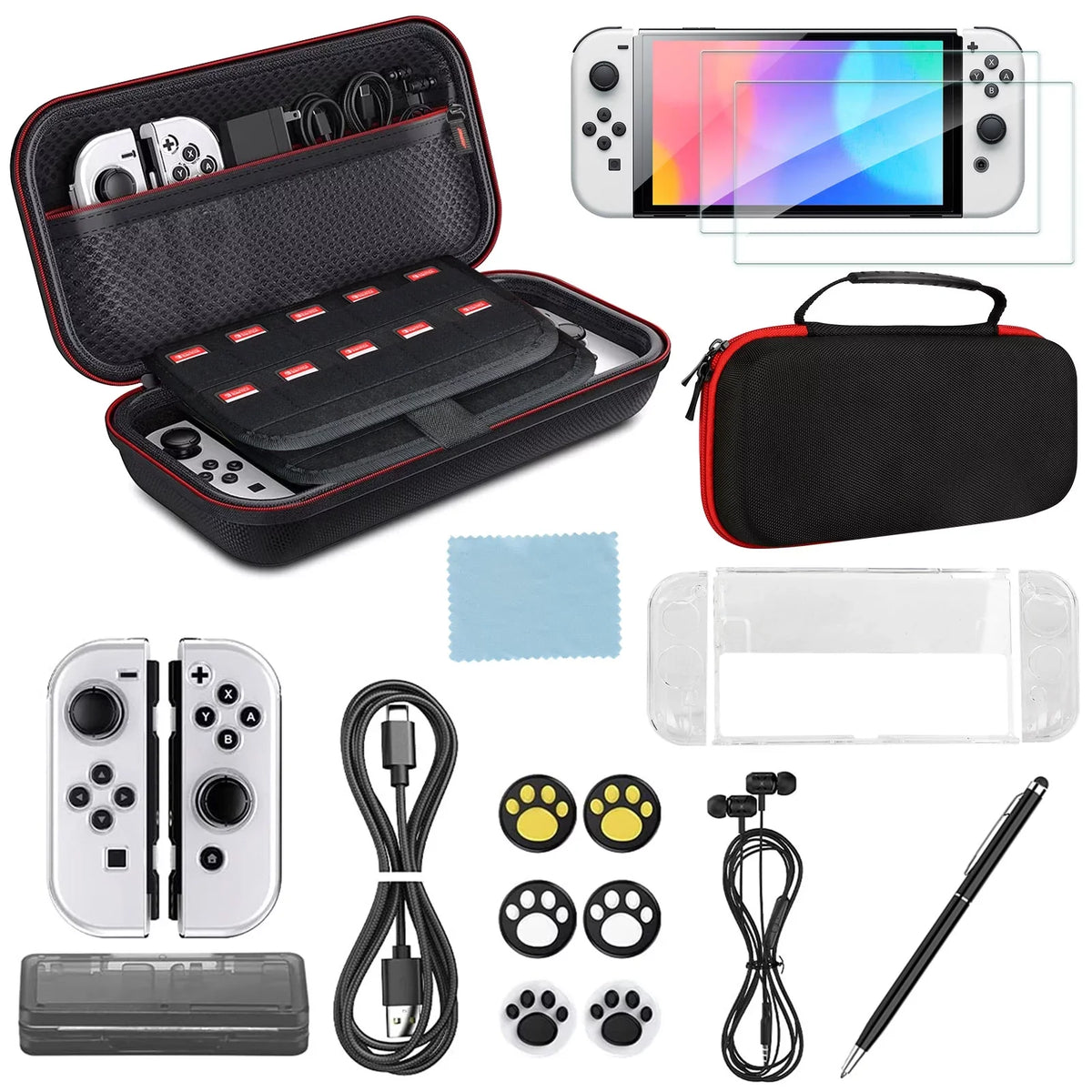 Black Switch Carrying Grips, More, with for and Nintendo Screen Accessories Accessories 16-in-1 Protector, Kit Glass OLED, Case, EEEkit Cover Fit Thumb Protective Case, Bundle Tempered
