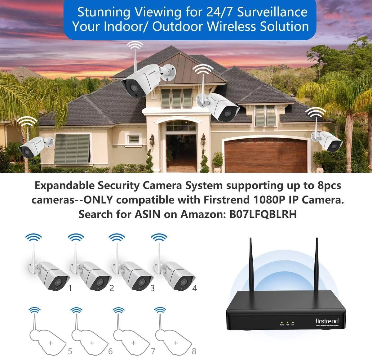 1TB with Wireless,Firstrend Video Free 1080P for exterior Full Security 3MP Camera HD System App Surveillance Indoor 8CH 4pcs Night Security Home HDD Wireless Cameras Vision Detection Systems Motion