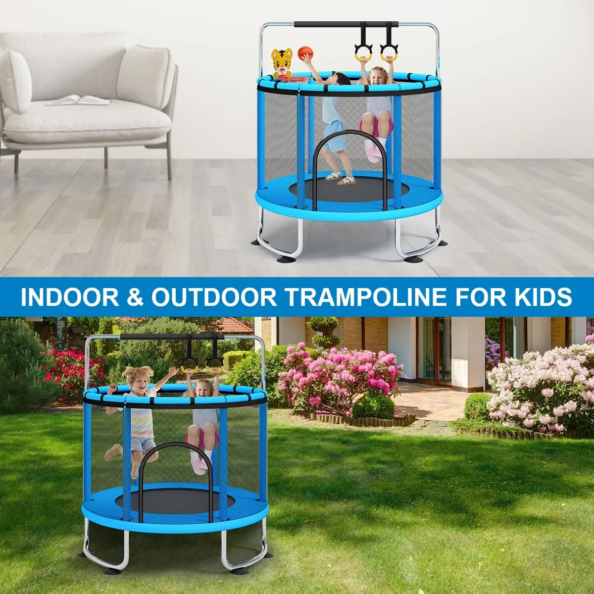 55''Mini Trampoline Load Enclosure for Basketball Fisca Toddler Net Indoor Hoop, Trampoline, 555lbs Trampoline Rings, and Kids, with