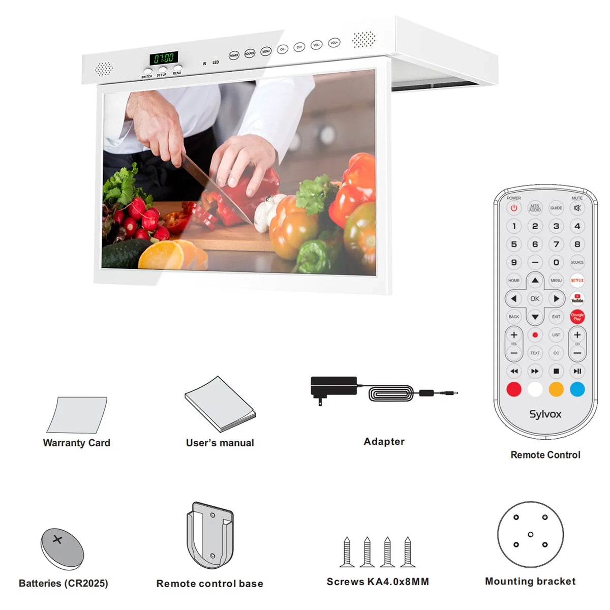 TV, SYLVOX Android TV 1080P FHD Bluetooth Cabinet TV, Under 15.6 Built-in Kitchen Support inch Smart Smart Assistant Play, WiFi