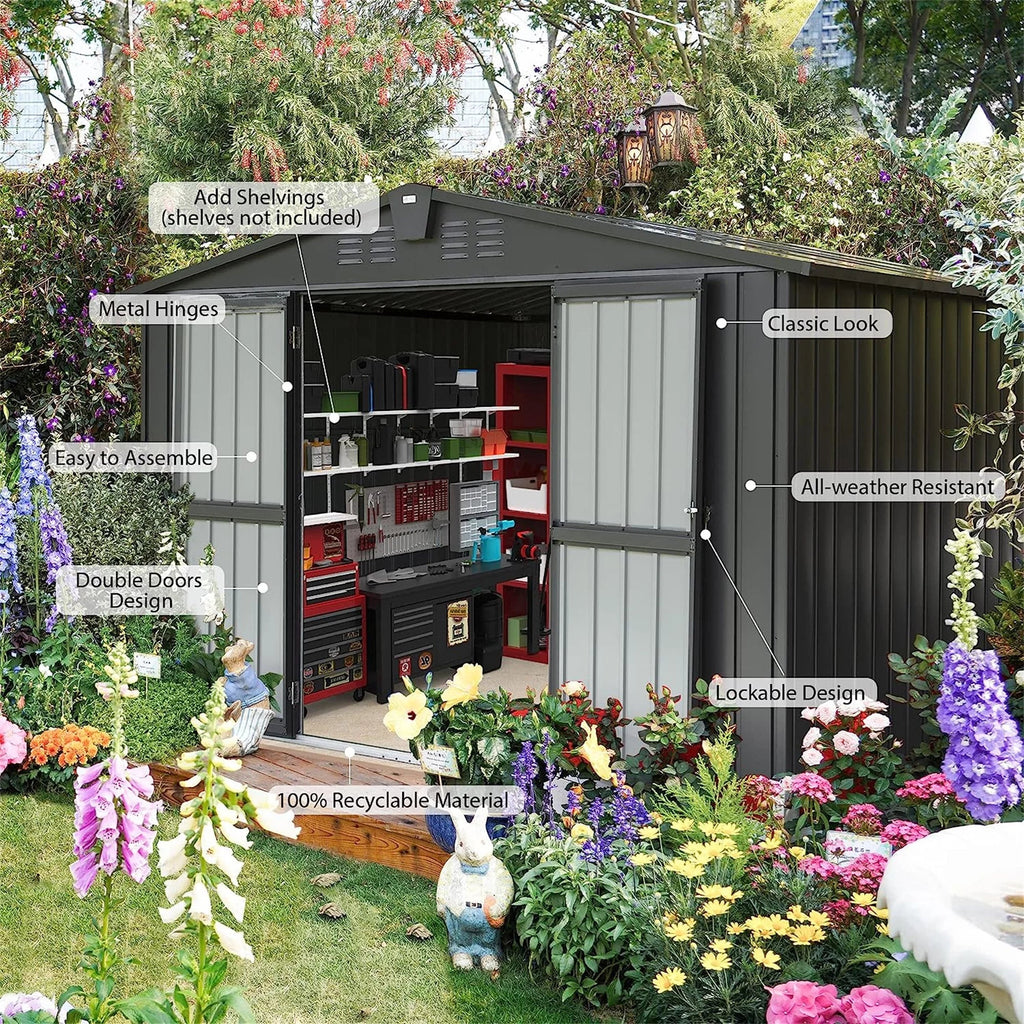 with Black) Garden Lawn Metal Cabinet Storage Trash Can, Tools, 10'X 8', Homiyad Steel Galvanized Door Backyard, Lockable exterior Shed Shed for (10X8ft, for Bike, exterior Storage Patio,