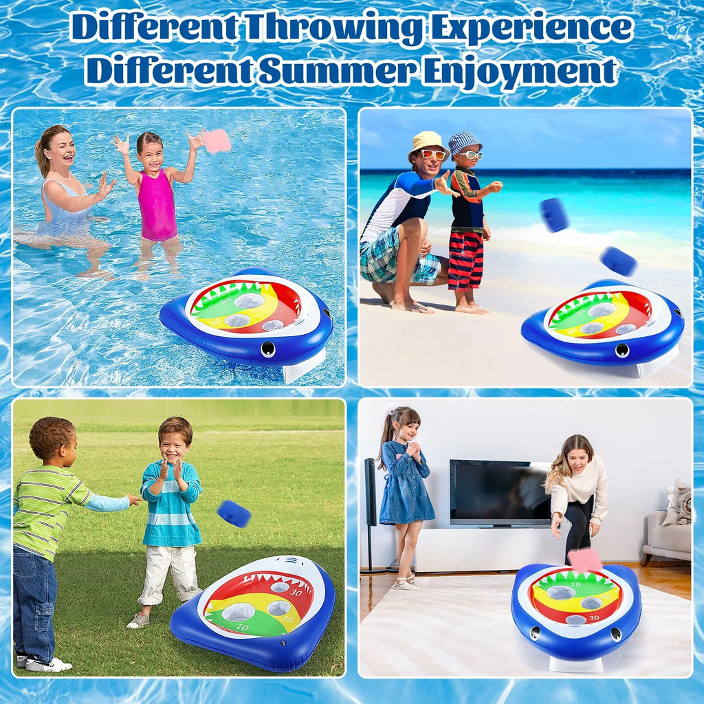Blue Games for Ring Summer Party Toy 8 Kids Pool liquid Toys with Floating Sandbag, Family MoKo Inflatable Carnival, Shark Adults Toss