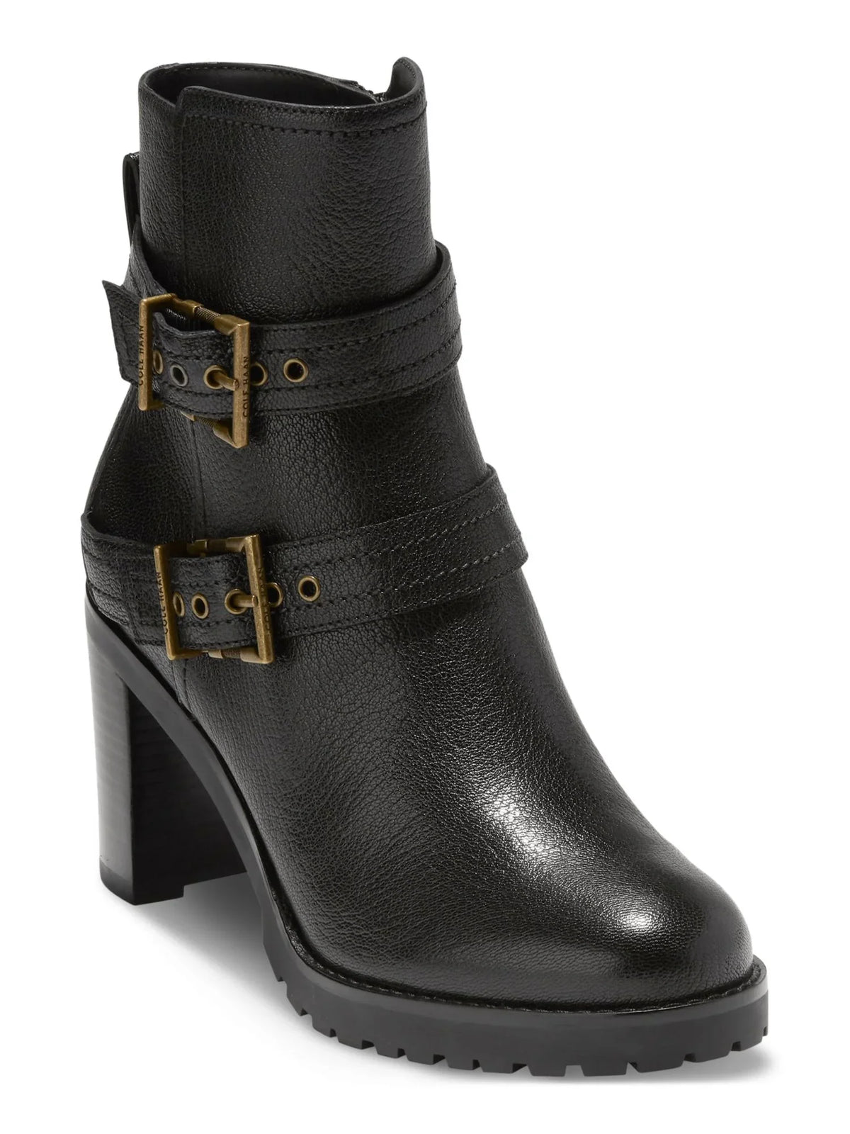 Foster Black Toe 5 Stacked Accent Almond HAAN B COLE Leather Buckle Booties Womens Zip-Up Heel