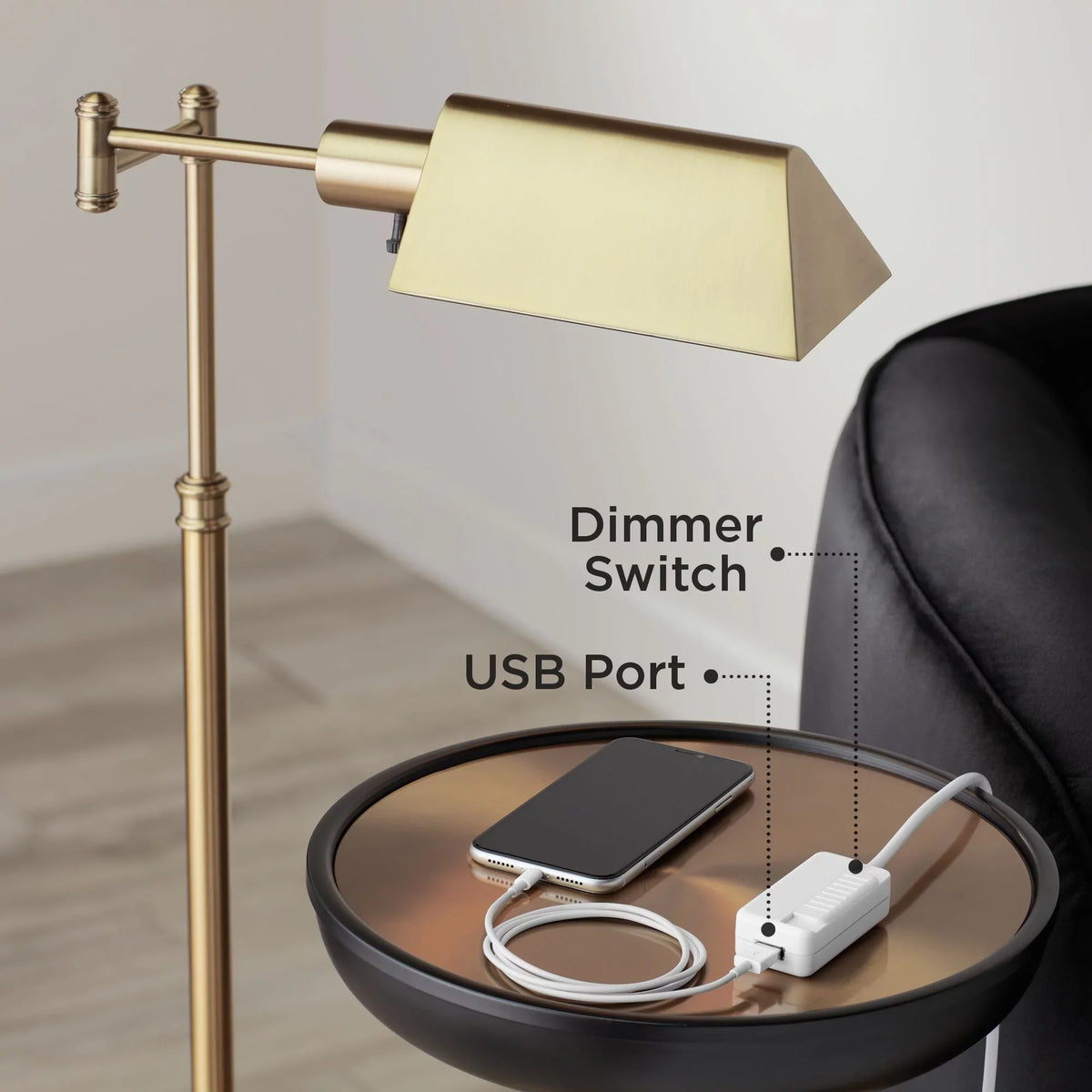72" Charging with Modern Floor Lamp Room Reading for House White Port Lighting Drum Arc Tall 360 Living Nickel Shade Brushed USB