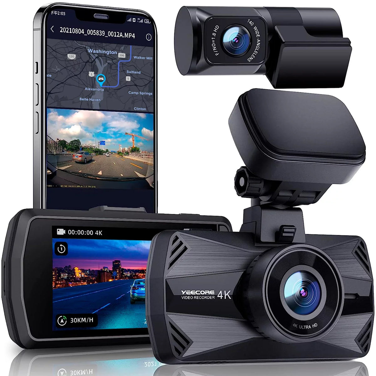 Super GPS, Accident 4K 3" Dash Parking 4K+HDR Dash and Dash Cam Vision, for Rear, Mode, Front with 5G LCD Record Night App, Yeecore Dual 1080P Cam G-Sensor, Camera Cars Real WiFi