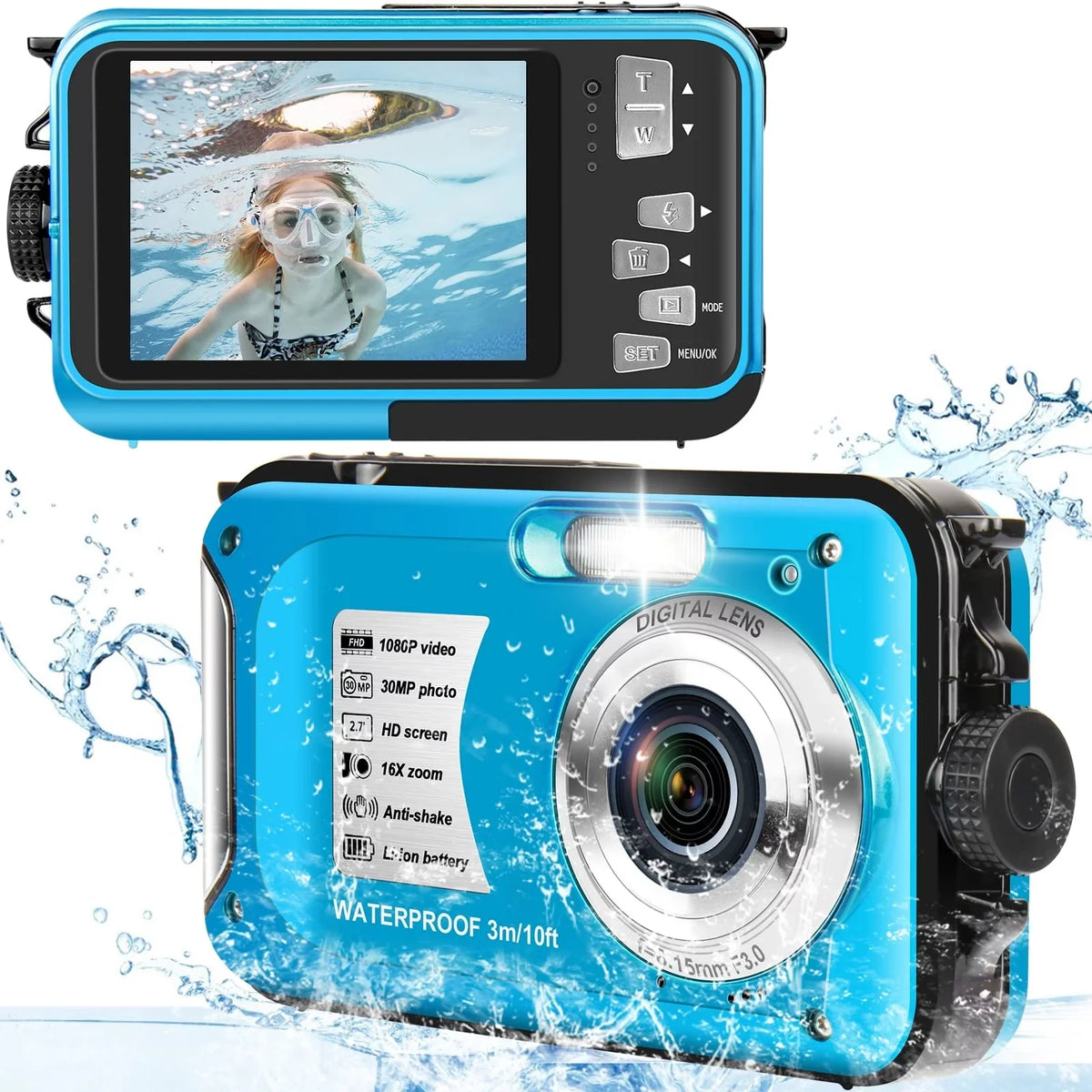 Waterproof Selfie Recorder 30 MP Cameras Digital 16X HD Screens Youtube Camera Snorkeling Full Video SEREE Zoom for for Dual Underwater 1080P Camera