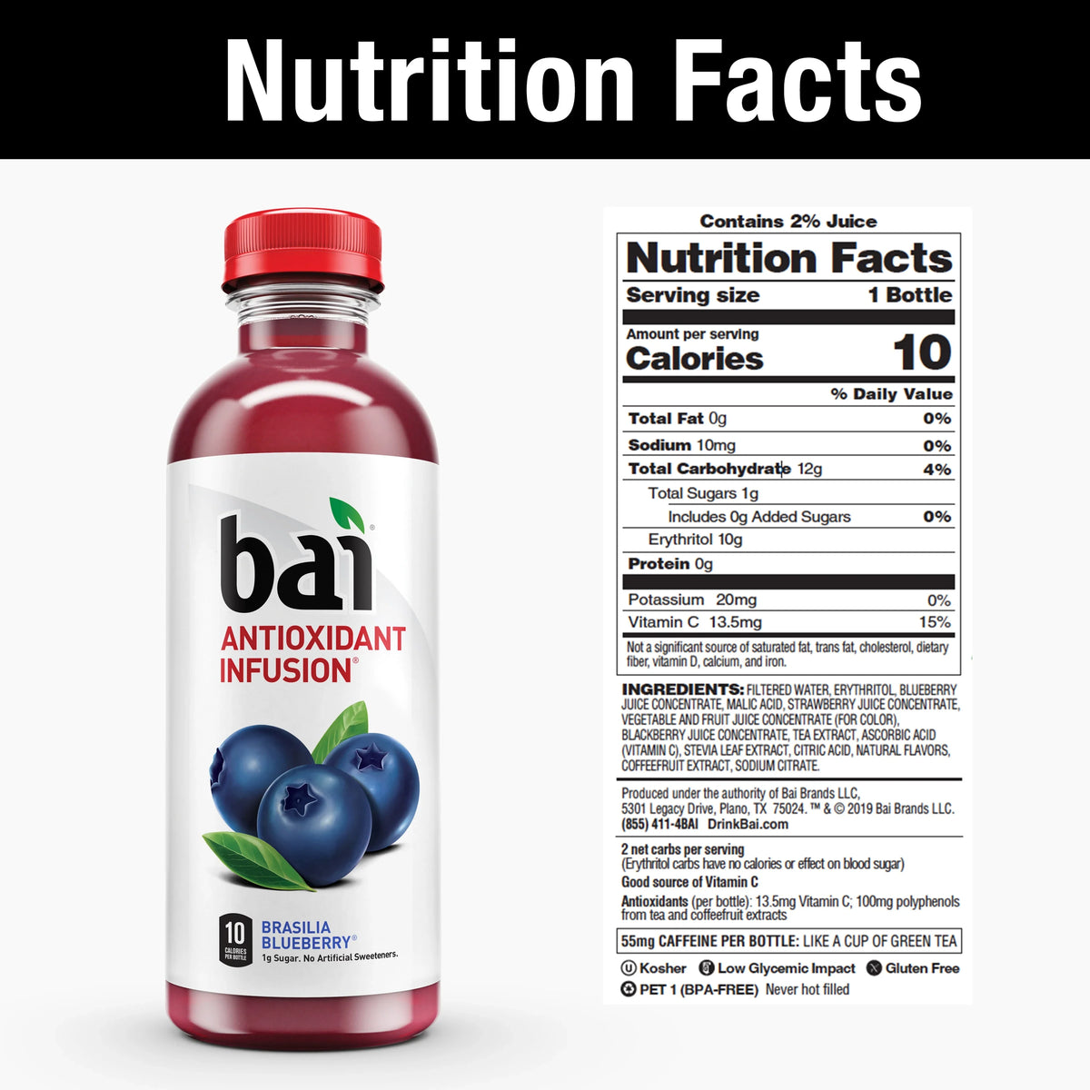 18 Drink, Brasilia Blueberry, Fl Gluten-Free, Bottles Bai Infused Pack 12 Antioxidant Oz,