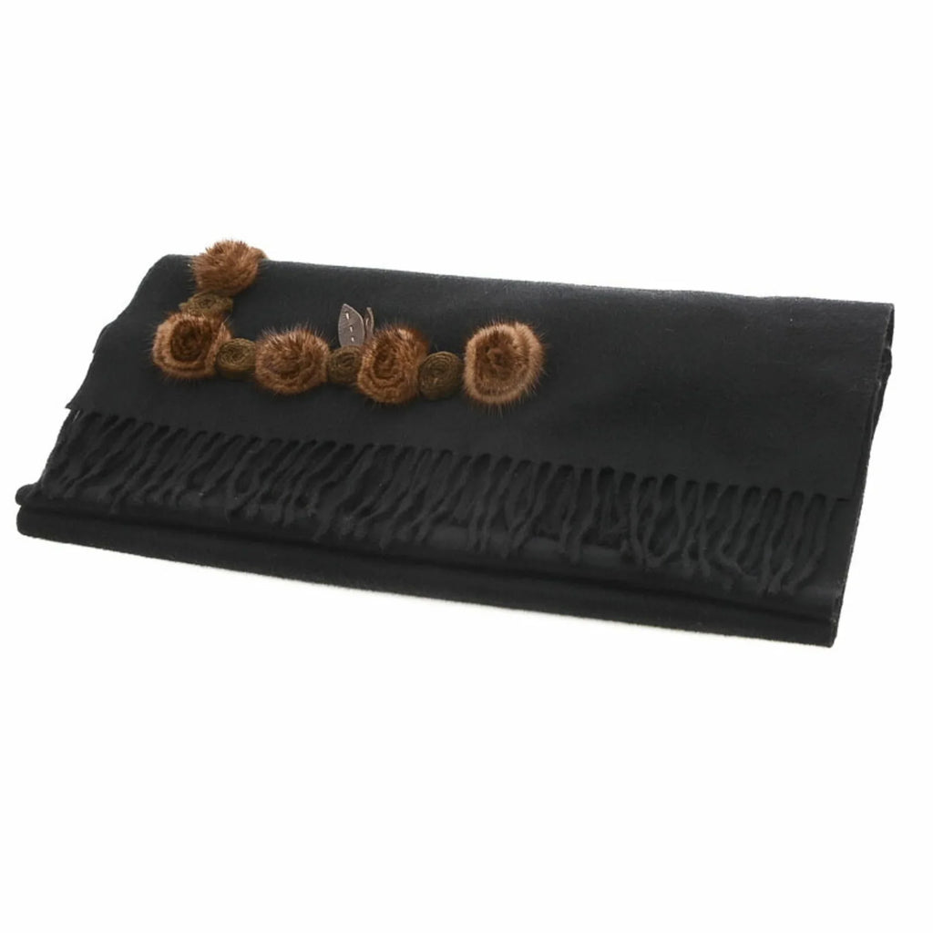 Fendi Black Cashmere 100% Stole Flower Motif Scarf Pre-Owned (Good)