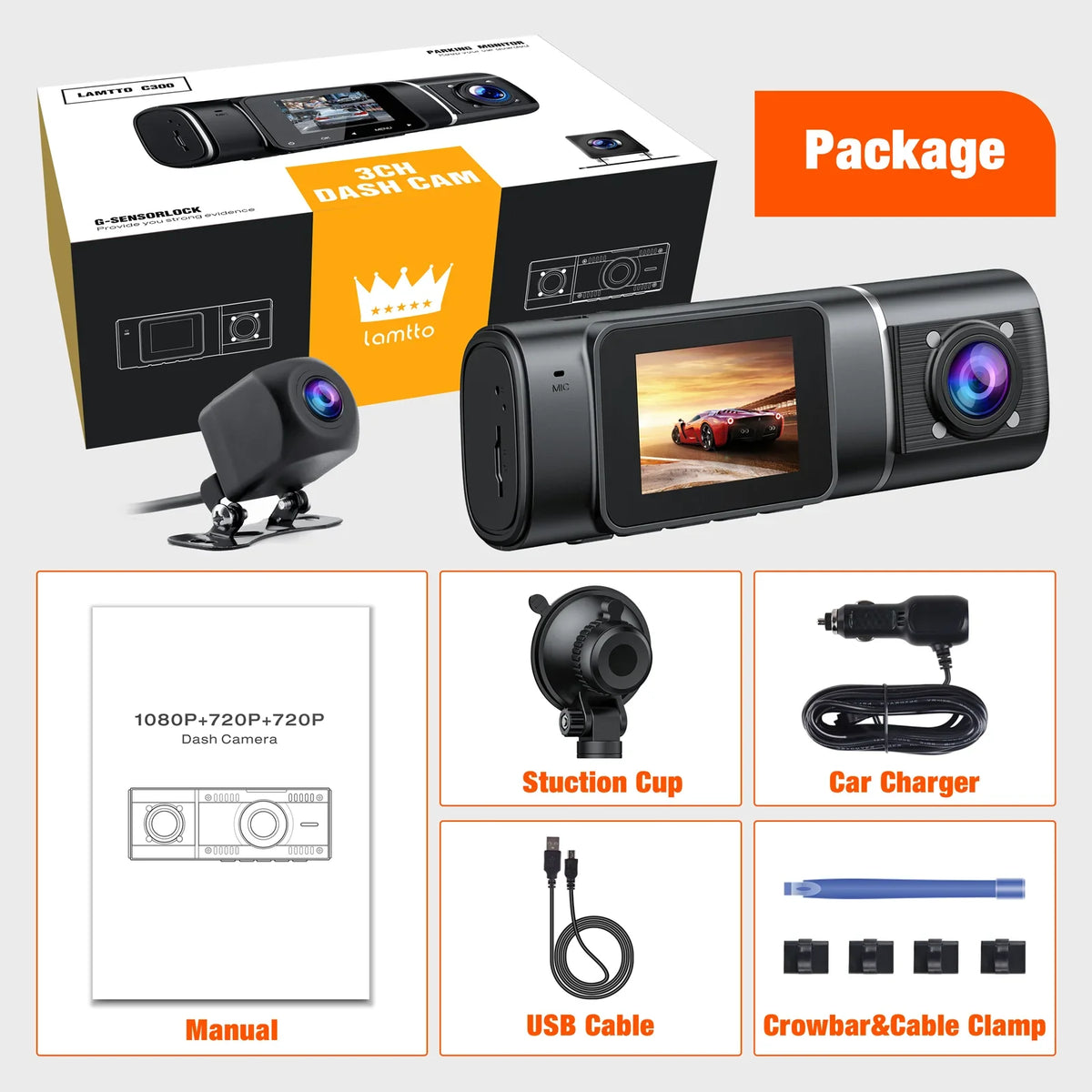 Lock Parking Front Accident and TOGUARD Way 1080P Rear Triple Vision with 3 Monitor Night Channel Camera Cam IR Three Motion Dash Detection Inside Dash Camera Car