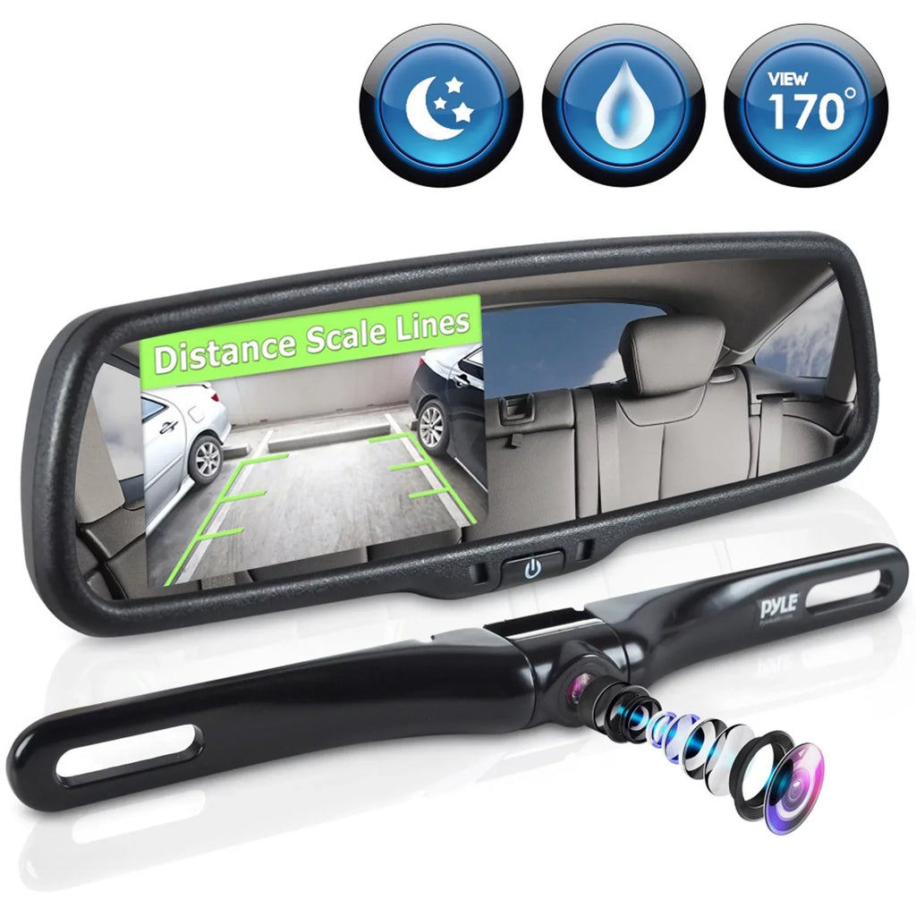 Camera Distance Safety Backup & Monitor Mirror - PYLE PLCM4550 Rear Scale Lines View Screen System with Reverse Car Parking