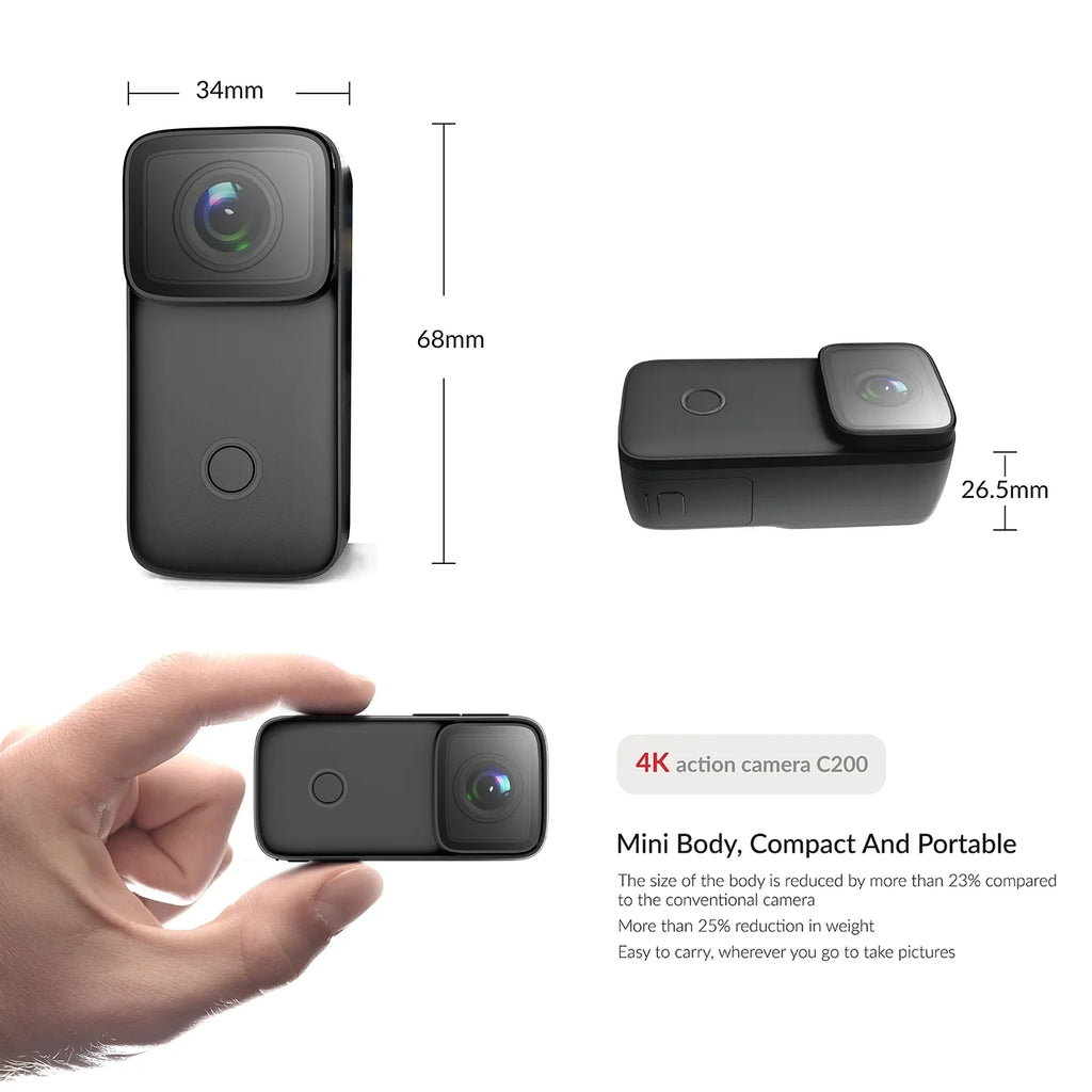 Face SJCAM C200 Screen Action Waterproof Inch Re 4K -Shake 6- Body 1.28 WiFi IPS 5M Supports with