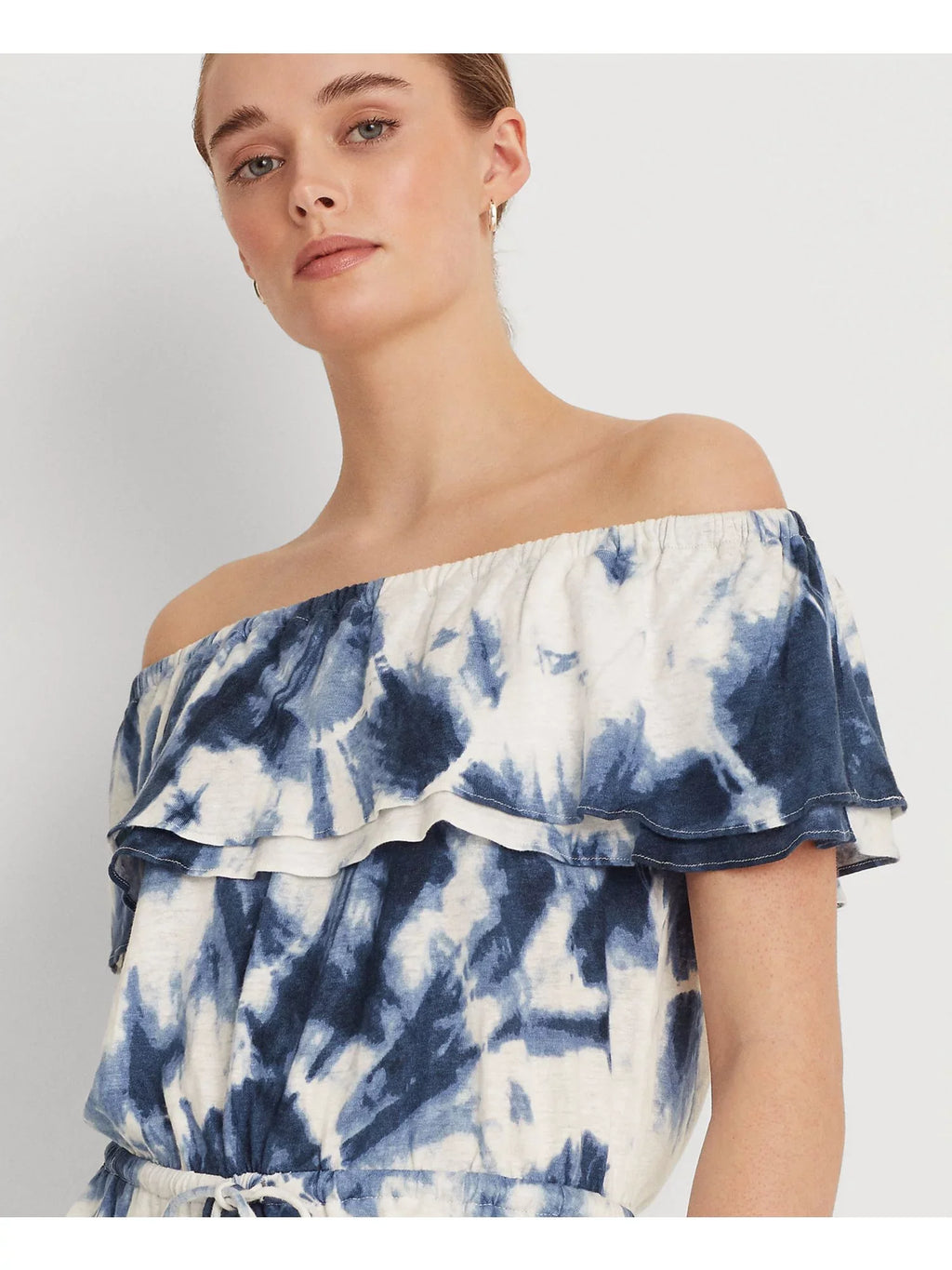 Ruffled Short Tie Drawcord Sleeve LAUREN LAUREN RALPH Womens Peplum Dye Shoulder Waist White Top Off Elasticized S