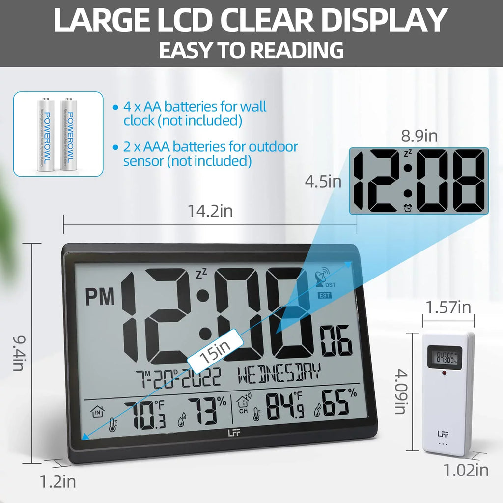 LFF with Battery 4.5" Setting, Needs Atomic 15" Never Clock Humidity, Operated, with Clock & Wall Numbers Easy-to-Read, Indoor Black Clock - exterior Temperature Wall Atomic Digital