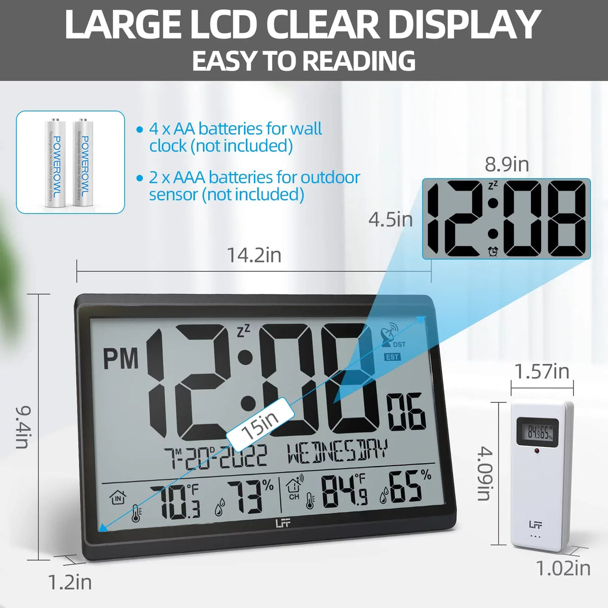 LFF with Battery 4.5" Setting, Needs Atomic 15" Never Clock Humidity, Operated, with Clock & Wall Numbers Easy-to-Read, Indoor Black Clock - exterior Temperature Wall Atomic Digital