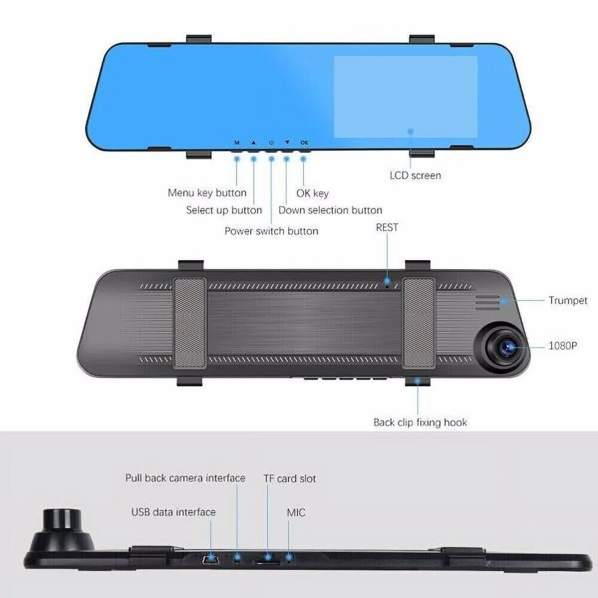 Video Rearview Mirror HD Recorder Car Dual DVR Rear Camera Cam Front 1080P Dash