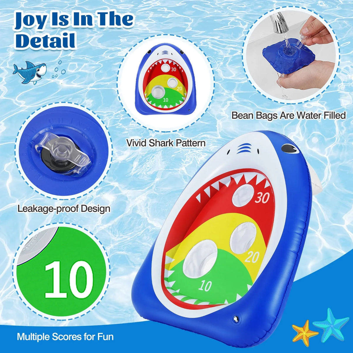 Blue Games for Ring Summer Party Toy 8 Kids Pool liquid Toys with Floating Sandbag, Family MoKo Inflatable Carnival, Shark Adults Toss
