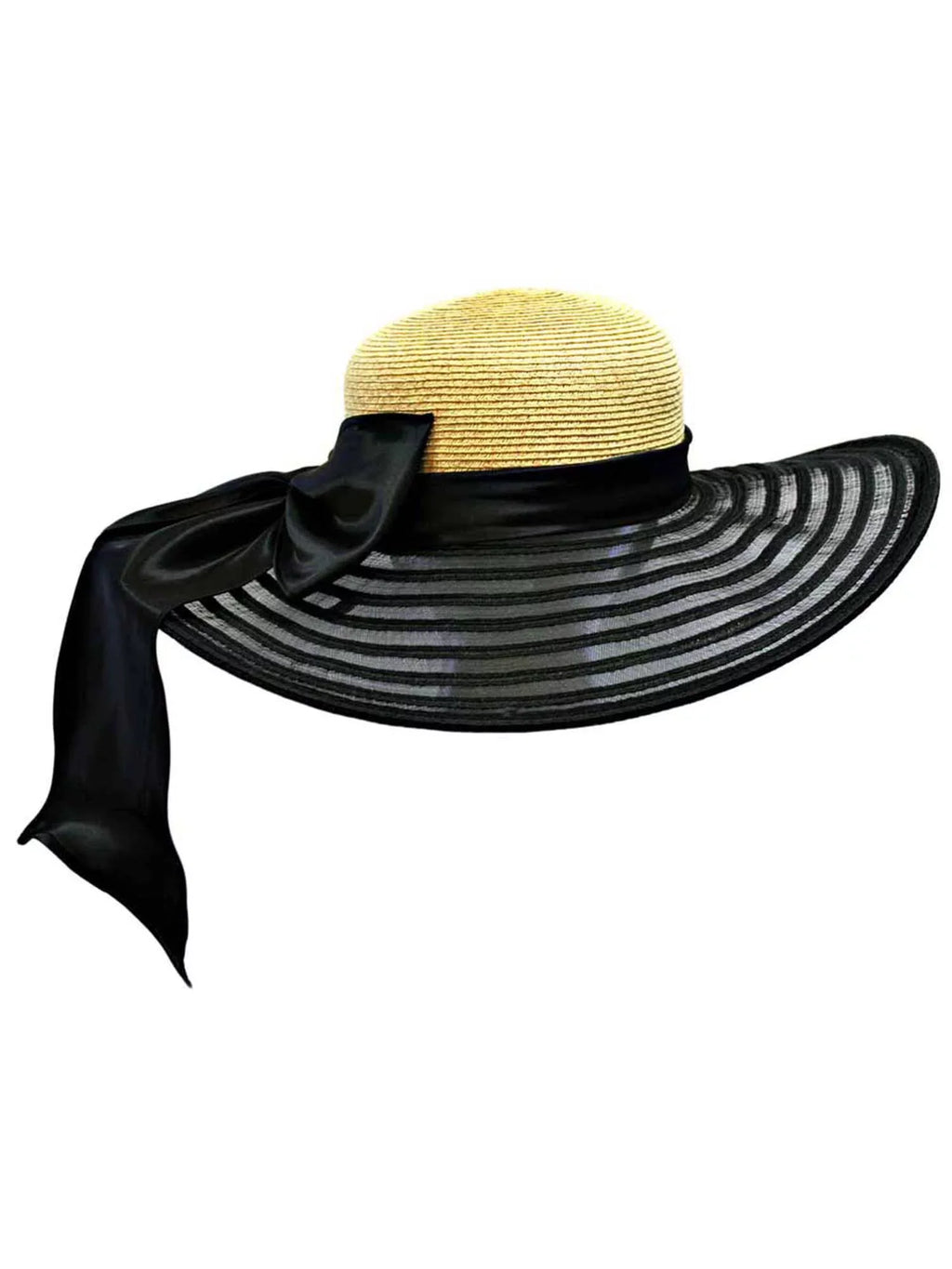 With Wide Hat Floppy Black Satin Bow Wheat & Brim Large