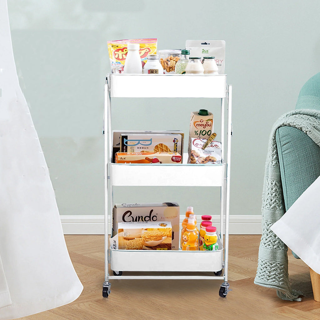 Mobile Storage Rolling Metal Multi-Function Office Folding Tier Utility 3 Foldable Rolling Storage Wheels, Cart Organizer With Cart Home for Utility Craft Cart Shelves Cart Library