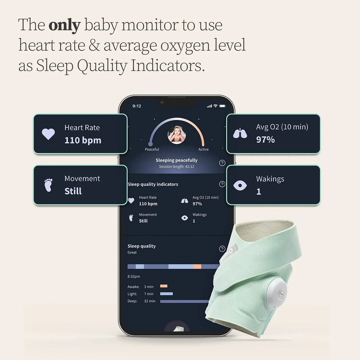 Heart Plus Mint Oxygen and Owlet Green Rate - Baby Indicators Sleep Dream Average - Track O2 Monitor Portable grade Sock Video