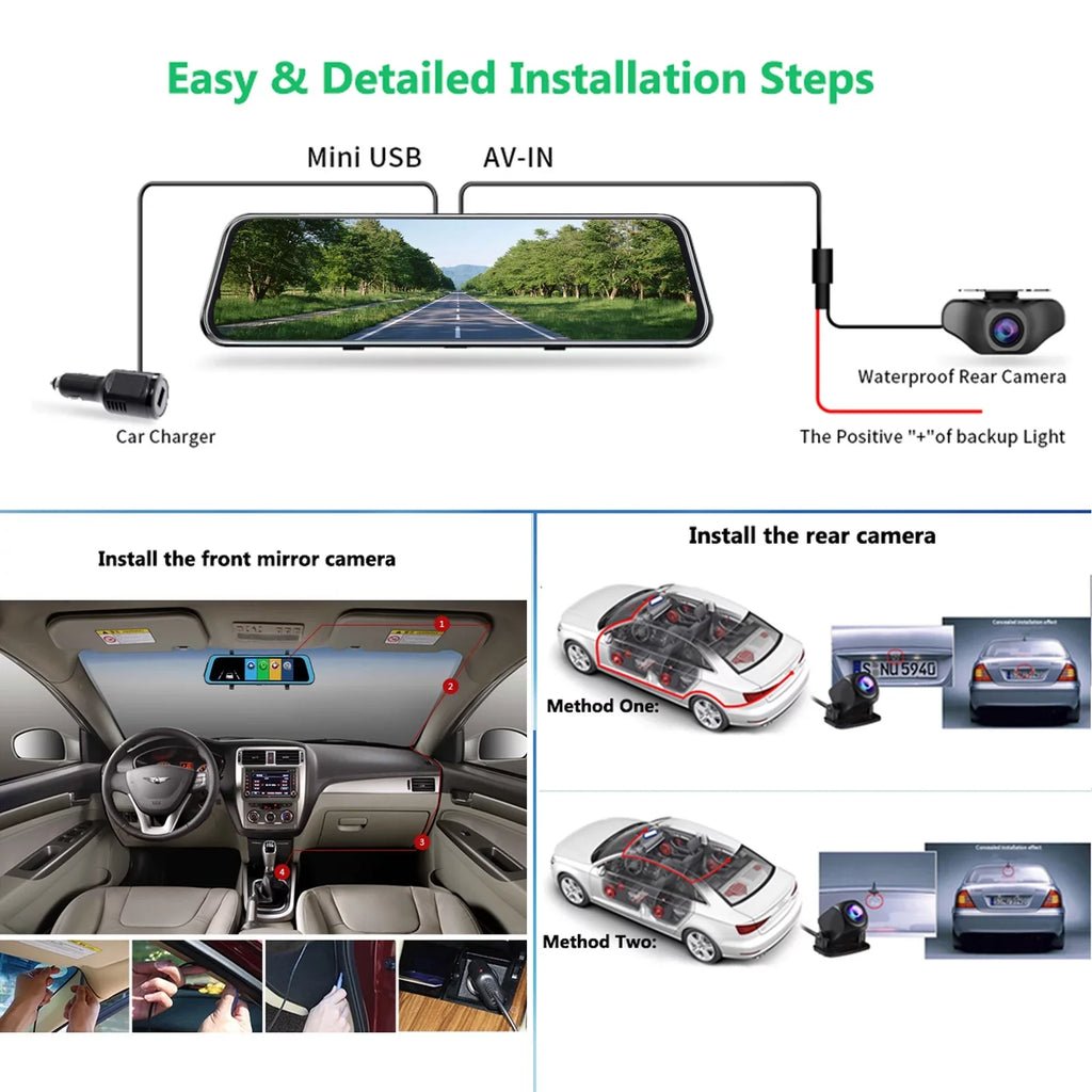 Vision, Recording Dash Camera Touch Loop Cam 10" Rear Backup Dual Motion Assistance, Screen Kit View, and Camera, Mirror Front Detection,Reversing 1080P Night Super for Dash Cars,