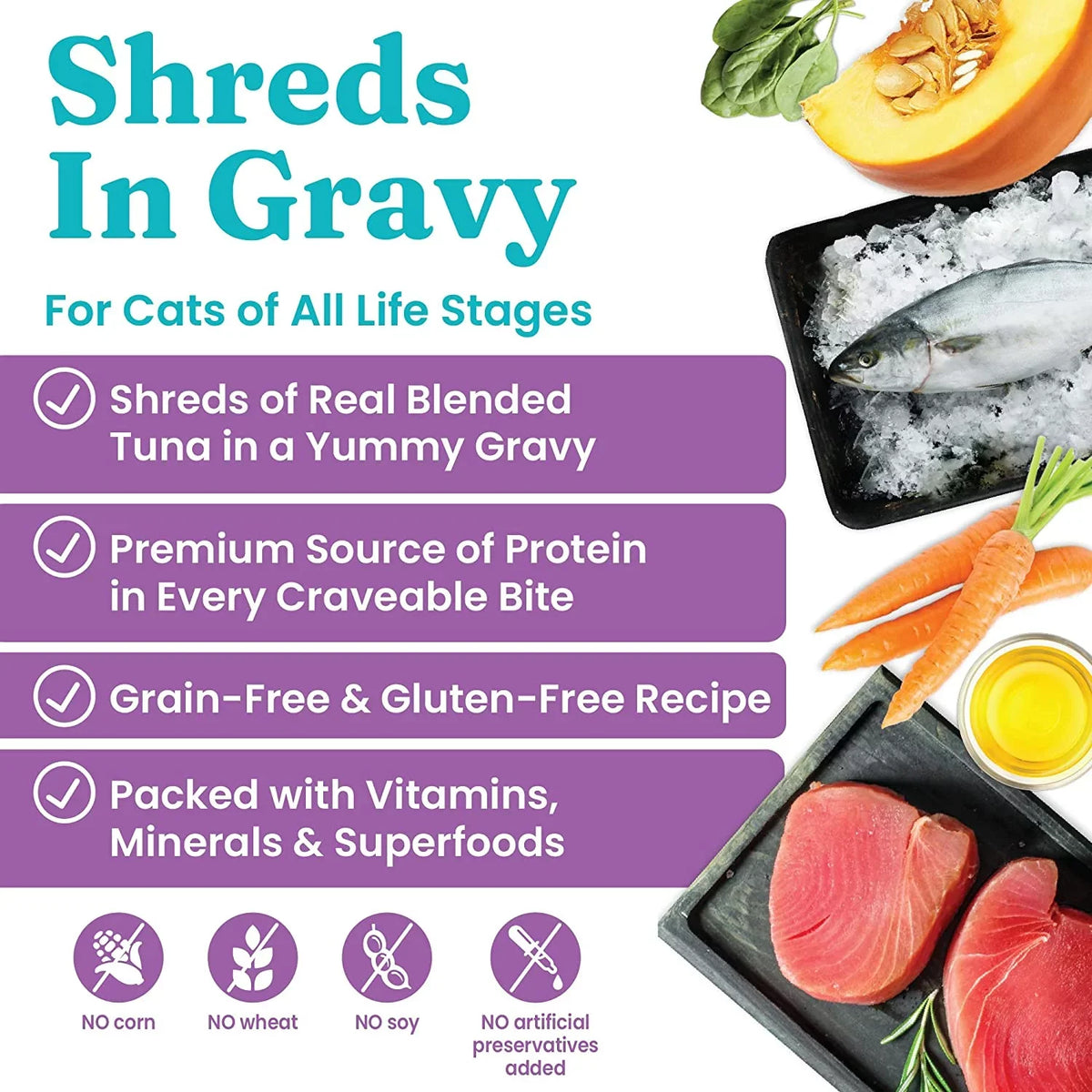 Amino Superfood, in Canned Fish Protein, Gravy Can 16ct/6oz Acids Shreds Tuna & Grain Cats - Gravy & Minerals with with Real - Cat Solid for Shreds Free Gold Food Gluten - Wet - Vitamins,