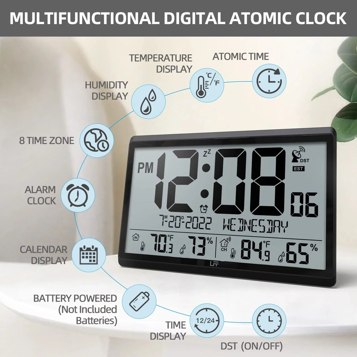 LFF with Battery 4.5" Setting, Needs Atomic 15" Never Clock Humidity, Operated, with Clock & Wall Numbers Easy-to-Read, Indoor Black Clock - exterior Temperature Wall Atomic Digital