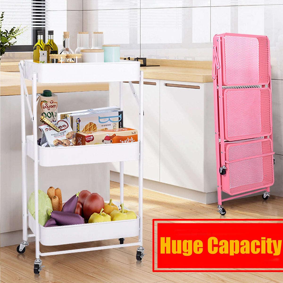 Mobile Storage Rolling Metal Multi-Function Office Folding Tier Utility 3 Foldable Rolling Storage Wheels, Cart Organizer With Cart Home for Utility Craft Cart Shelves Cart Library