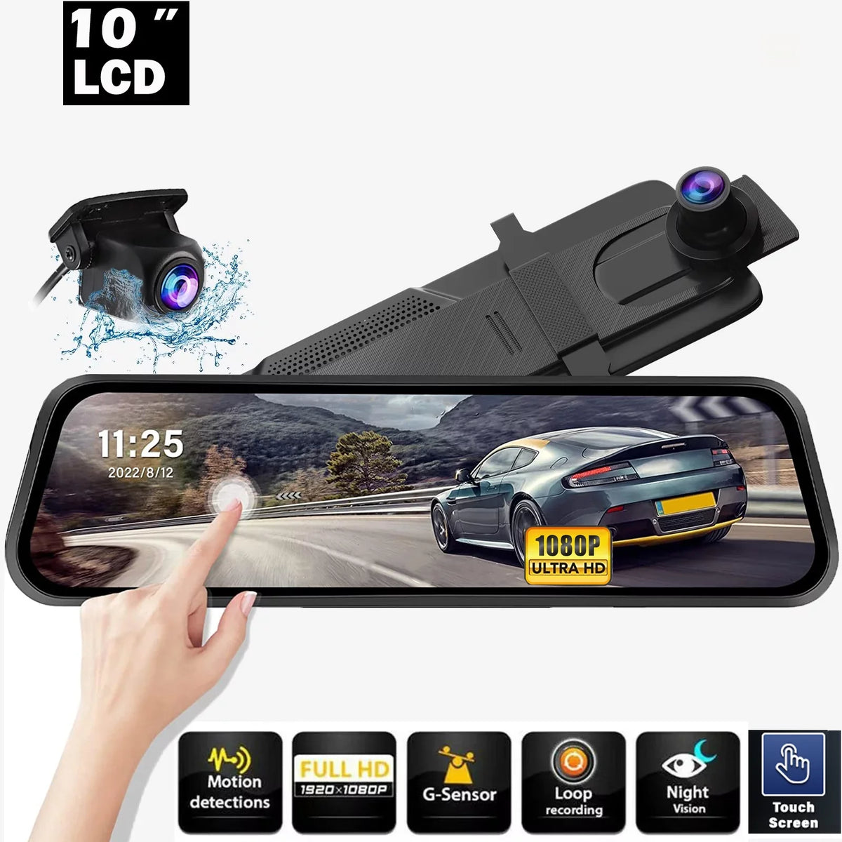 Vision, Recording Dash Camera Touch Loop Cam 10" Rear Backup Dual Motion Assistance, Screen Kit View, and Camera, Mirror Front Detection,Reversing 1080P Night Super for Dash Cars,