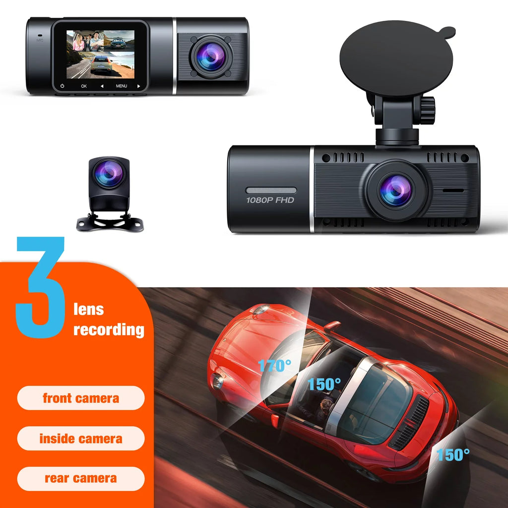 Lock Parking Front Accident and TOGUARD Way 1080P Rear Triple Vision with 3 Monitor Night Channel Camera Cam IR Three Motion Dash Detection Inside Dash Camera Car