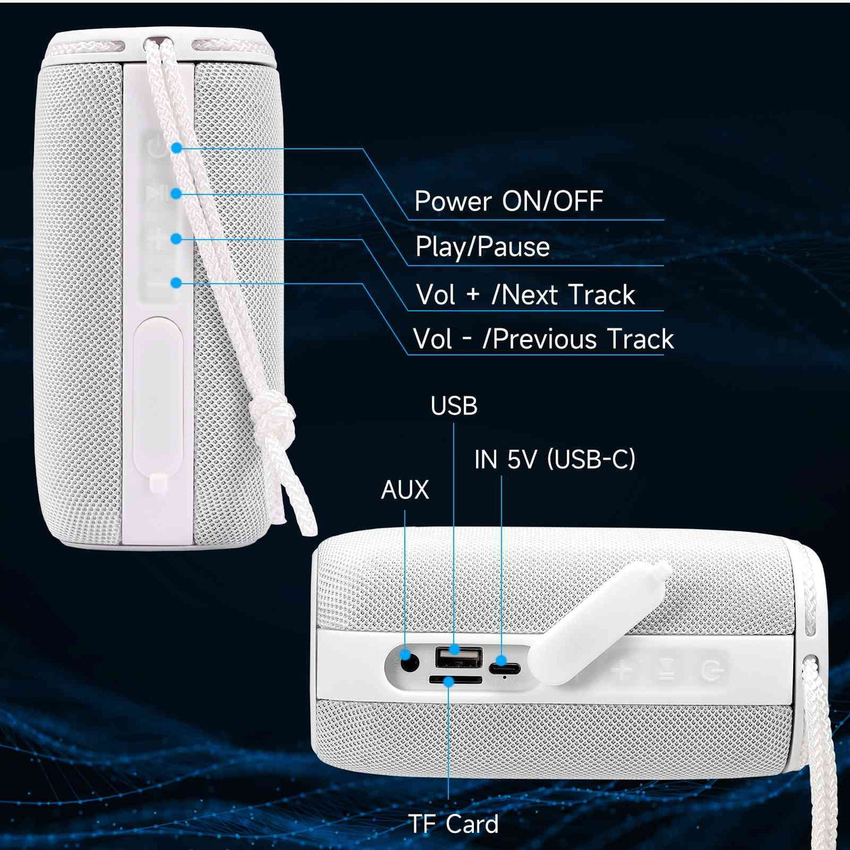 True Portable X808 Surround UrbanX 360° White C5 HD - Speakers Sound BT5.3, Waterproof BLU Pairing, IPX5 Punchy Speaker Speaker, for Bluetooth Max with Wireless Bass,