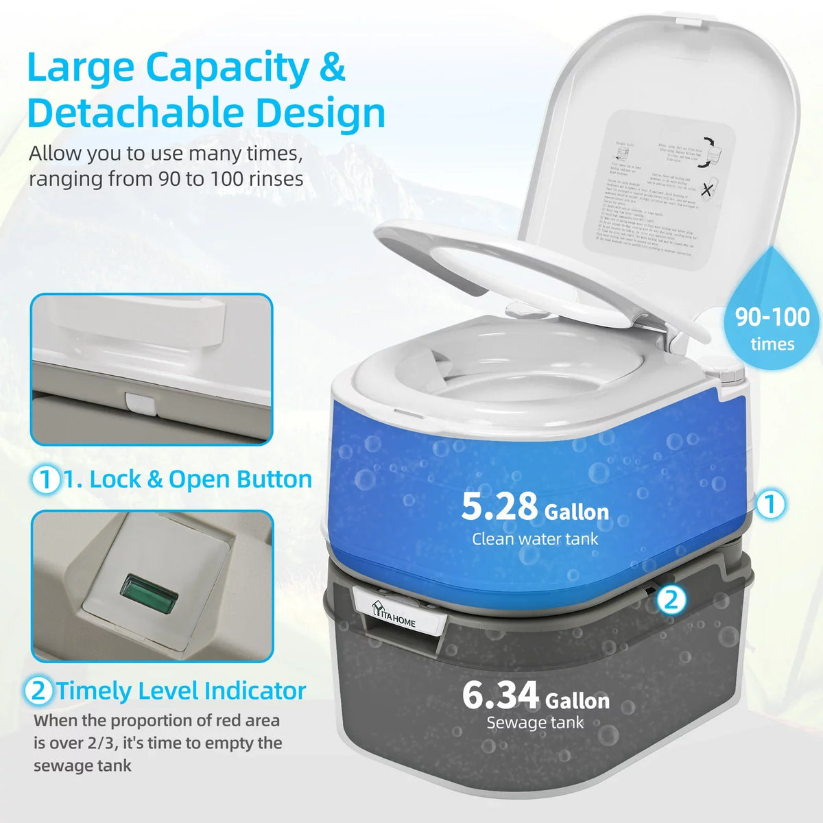 Portable Indicator, Gallon RV Toilet, exterior Camping 6.34 Rotating Porta DWVO Potty with Level RV , Spout Toilet